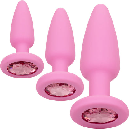 First Time Crystal Booty Silicone Anal Trainer Kit With Three Jeweled Plugs by CalExotics - Pink