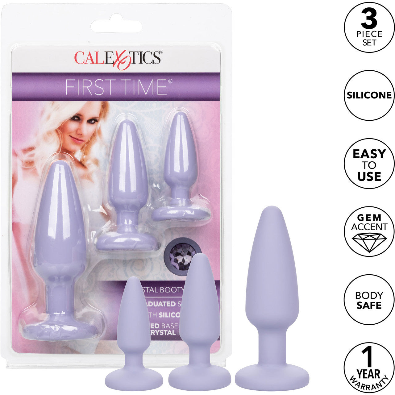 First Time Crystal Booty Silicone Anal Trainer Kit With Three Jeweled Plugs by CalExotics - Purple