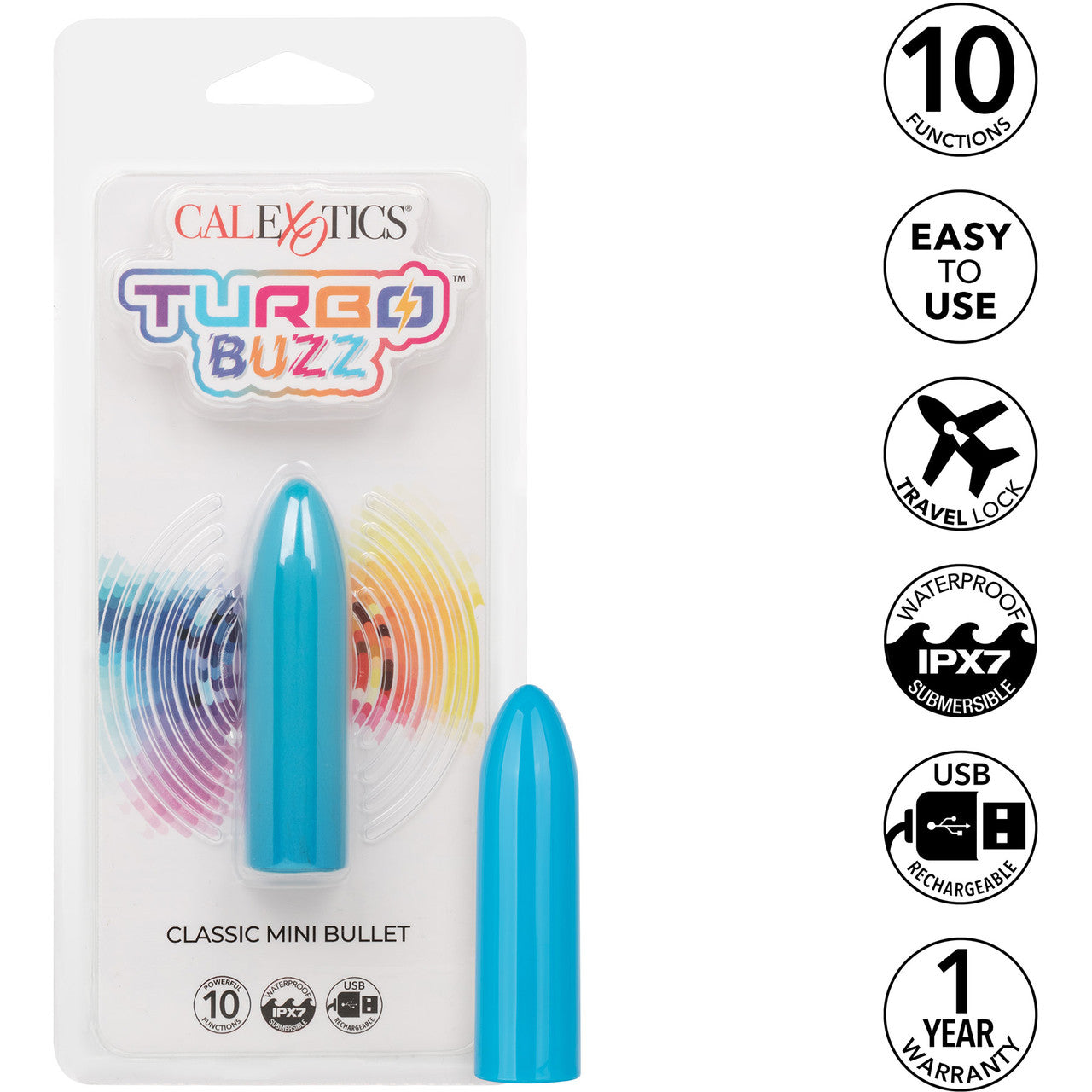 Turbo Buzz Classic Mini Bullet Rechargeable Waterproof Vibrator By CalExotics - Blue