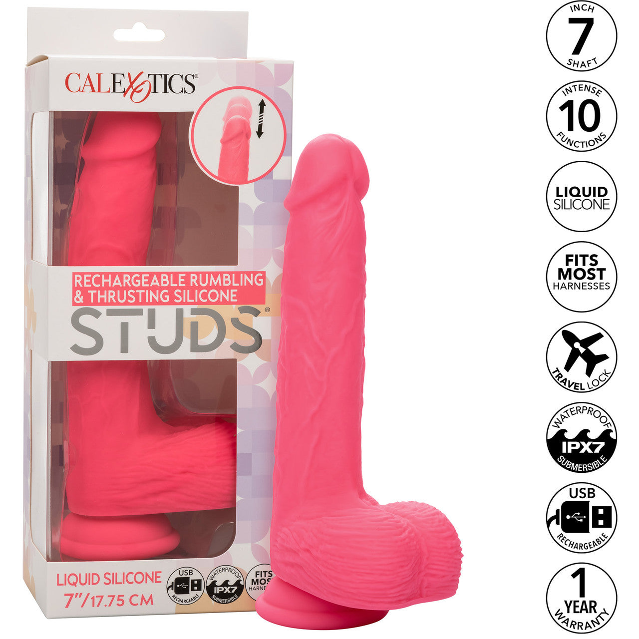 Studs 7" Rechargeable Rumbling & Thrusting Silicone Suction Cup Dildo By CalExotics - Pink