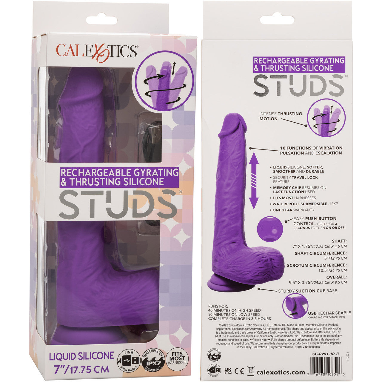 Studs 7" Rechargeable Gyrating & Thrusting Silicone Suction Cup Dildo By CalExotics - Purple