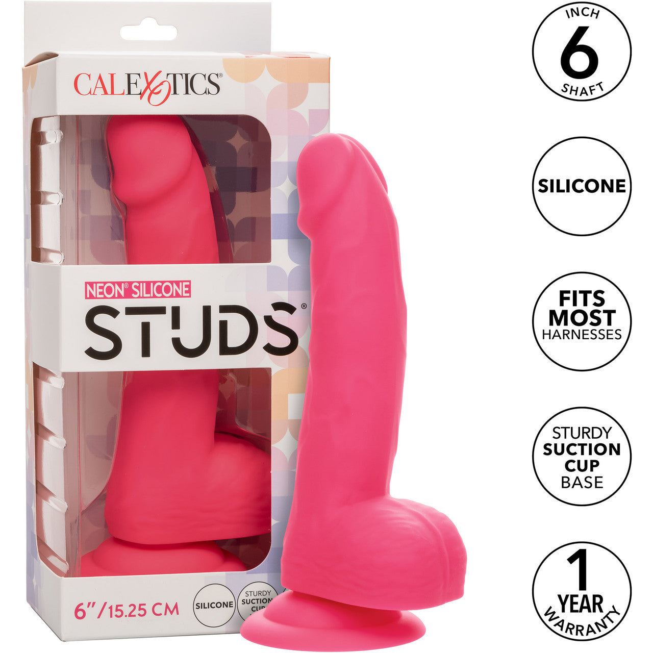 Neon Silicone Studs 6" Realistic Suction Cup Dildo With Balls By CalExotics - Pink