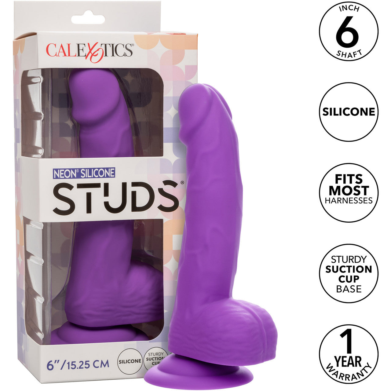 Neon Silicone Studs 6" Realistic Suction Cup Dildo With Balls By CalExotics - Purple