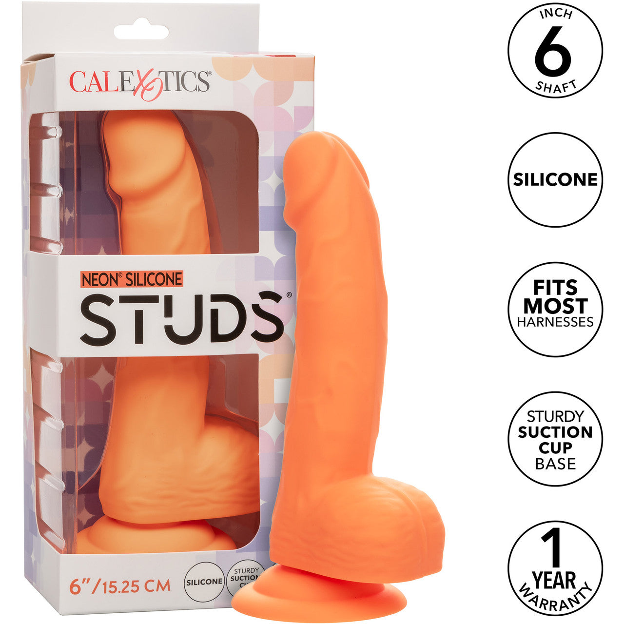 Neon Silicone Studs 6" Realistic Suction Cup Dildo With Balls By CalExotics - Orange