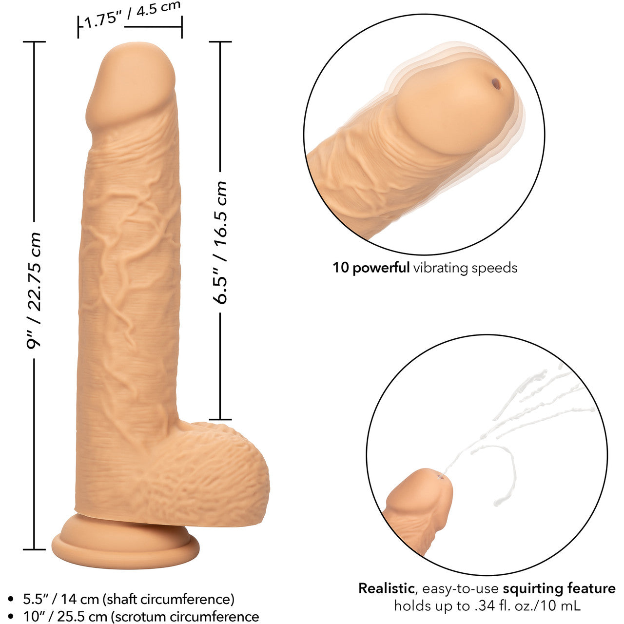 Squirting Fuck Stick 9" Rechargeable Waterproof Vibrating Realistic Silicone Suction Cup Dildo By CalExotics - Vanilla