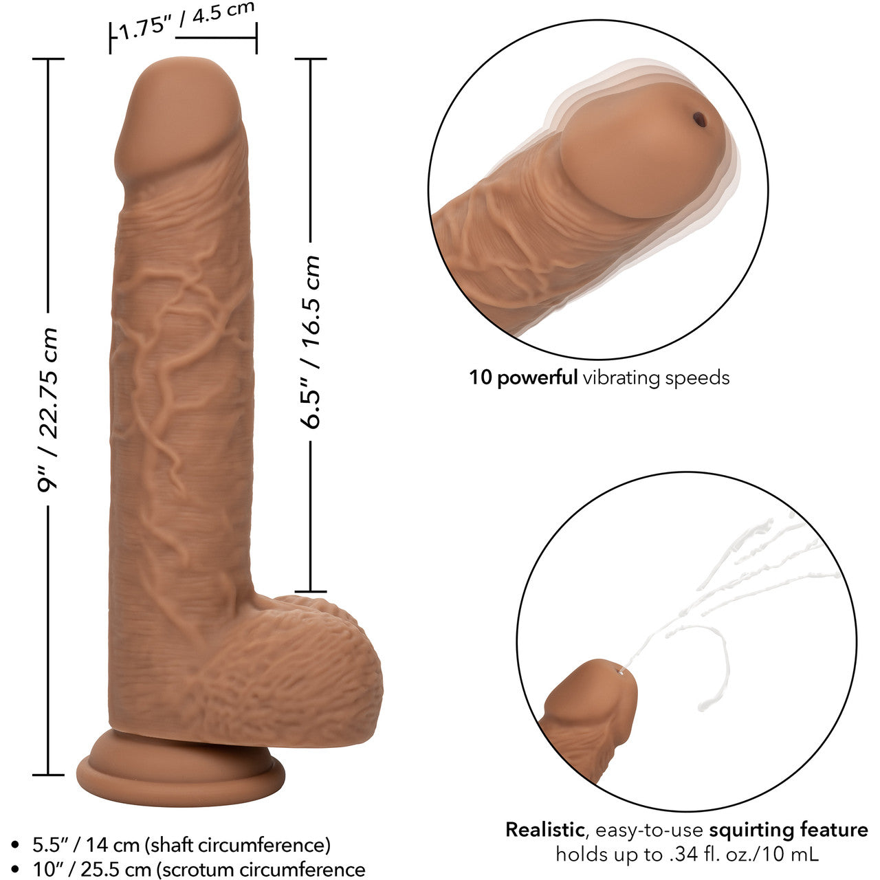 Squirting Fuck Stick 9" Rechargeable Waterproof Vibrating Realistic Silicone Suction Cup Dildo By CalExotics - Caramel