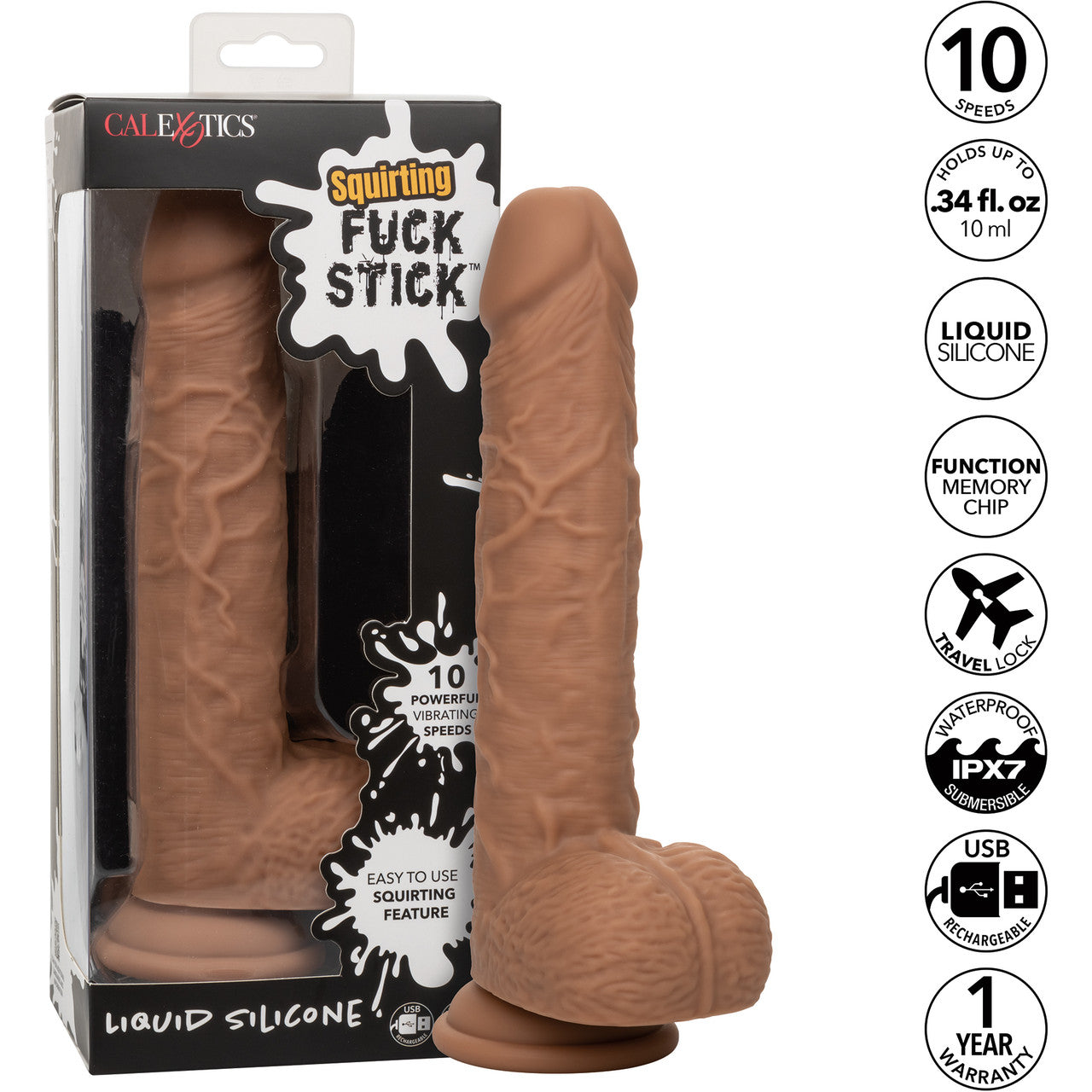 Squirting Fuck Stick 9" Rechargeable Waterproof Vibrating Realistic Silicone Suction Cup Dildo By CalExotics - Caramel