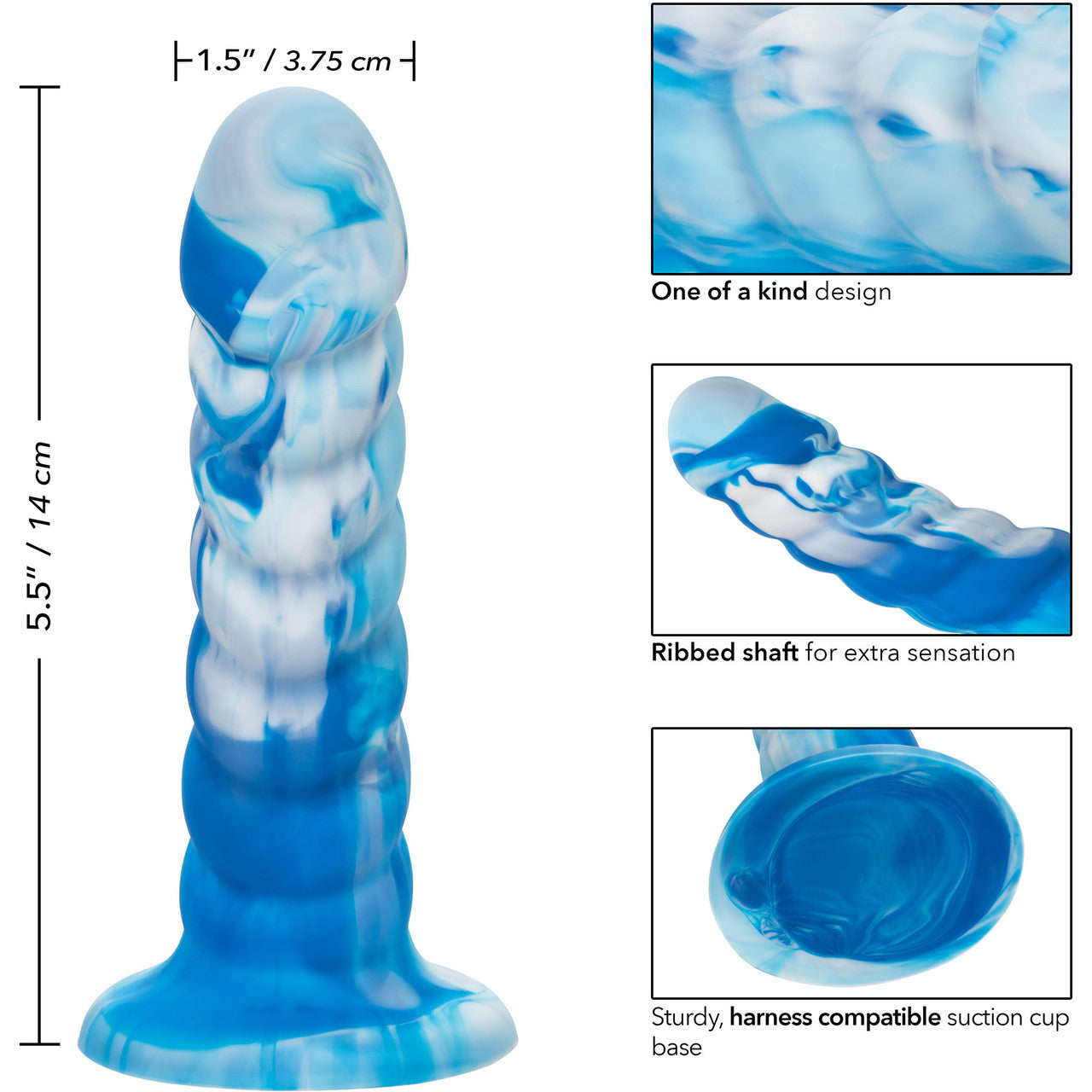 Twisted Love Twisted Ribbed Probe 5.5" Silicone Suction Cup Dildo By CalExotics - Blue & White