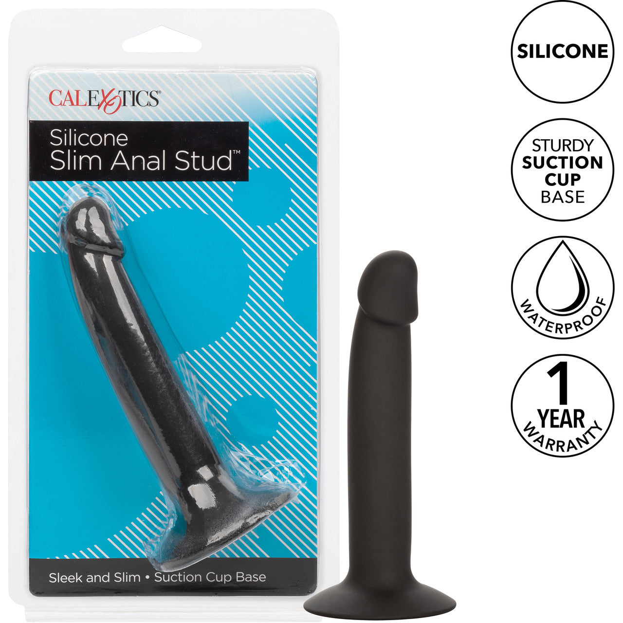 Silicone Slim Anal Stud Suction Cup Dildo By CalExotics - Black