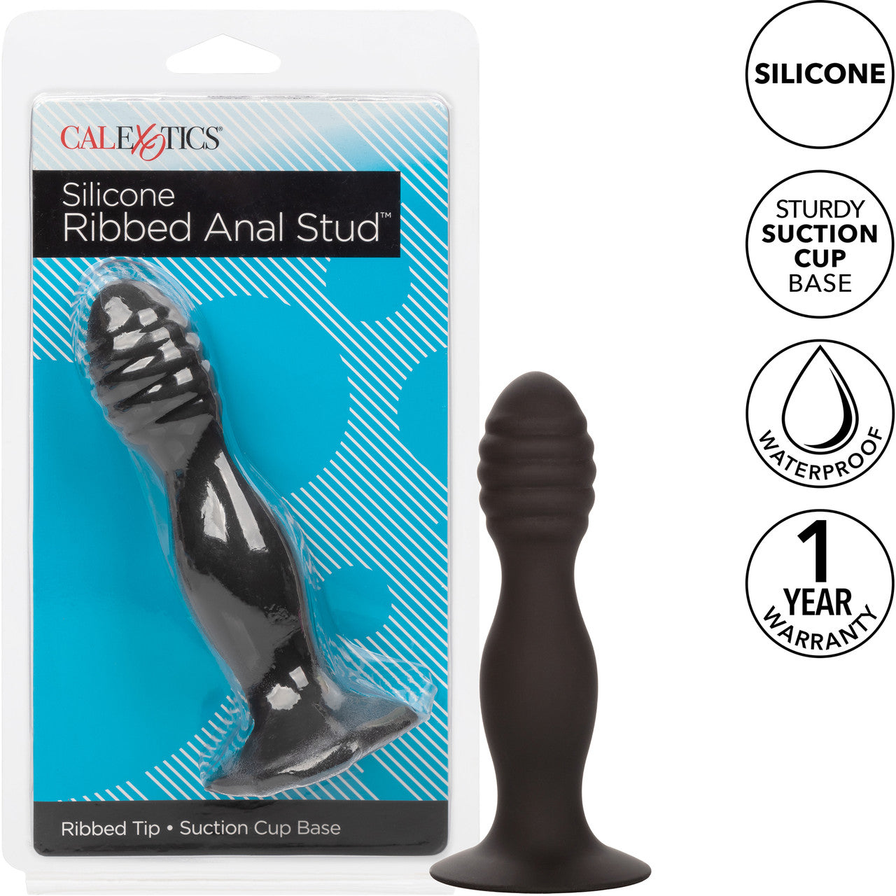 Silicone Ribbed Anal Stud Suction Cup Dildo By CalExotics - Black