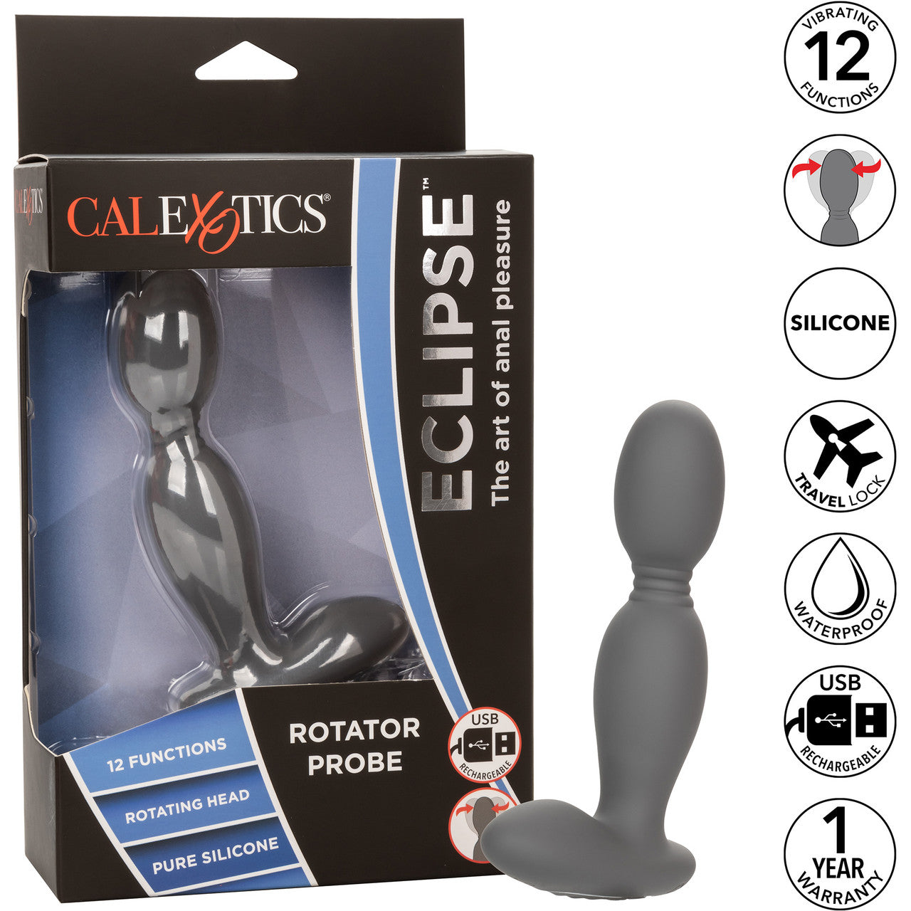 Eclipse Silicone Rotator Vibrating Rechargeable Anal Probe By CalExotics - Grey