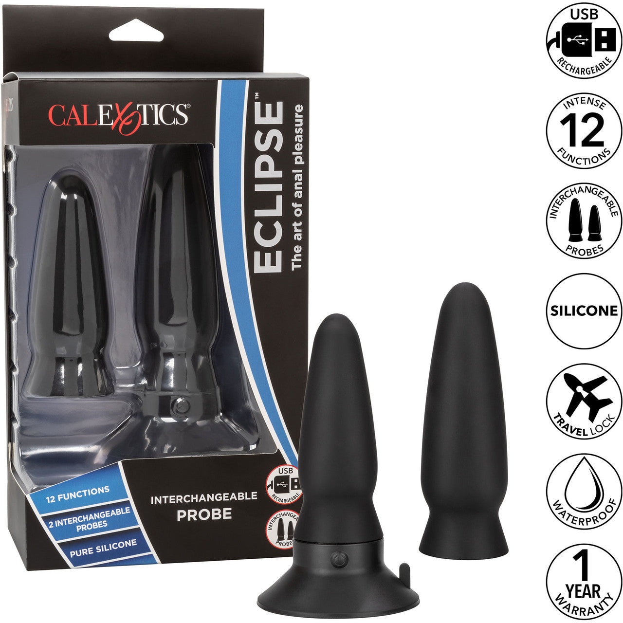 Eclipse Interchangeable Rechargeable Silicone Probe Set By CalExotics - Black