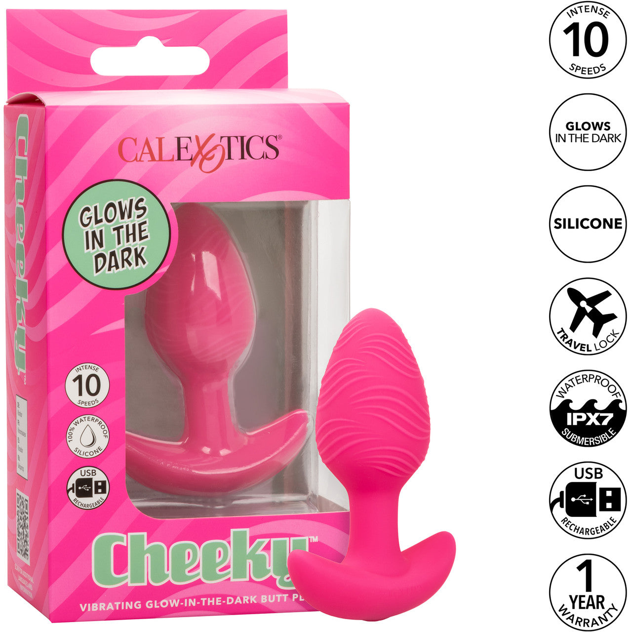 Cheeky Glow In The Dark Rechargeable Silicone Vibrating Butt Plug By CalExotics - Pink