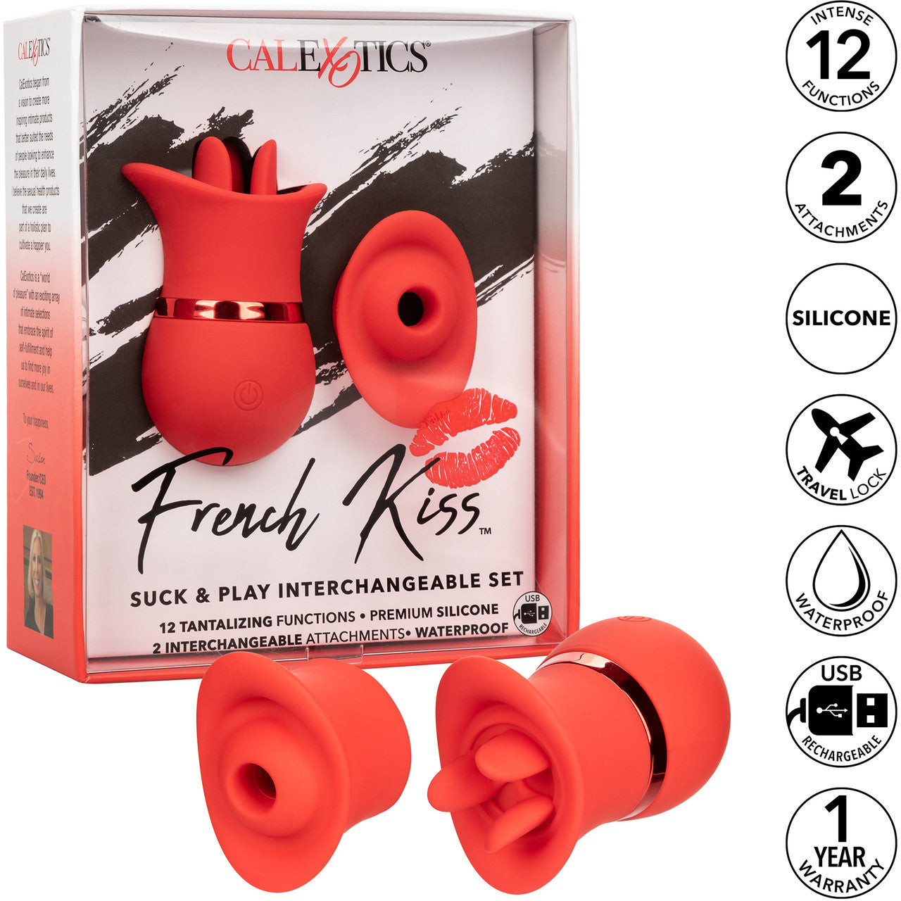 French Kiss Suck & Play Rechargeable Waterproof Silicone Interchangeable Set By CalExotics - Red