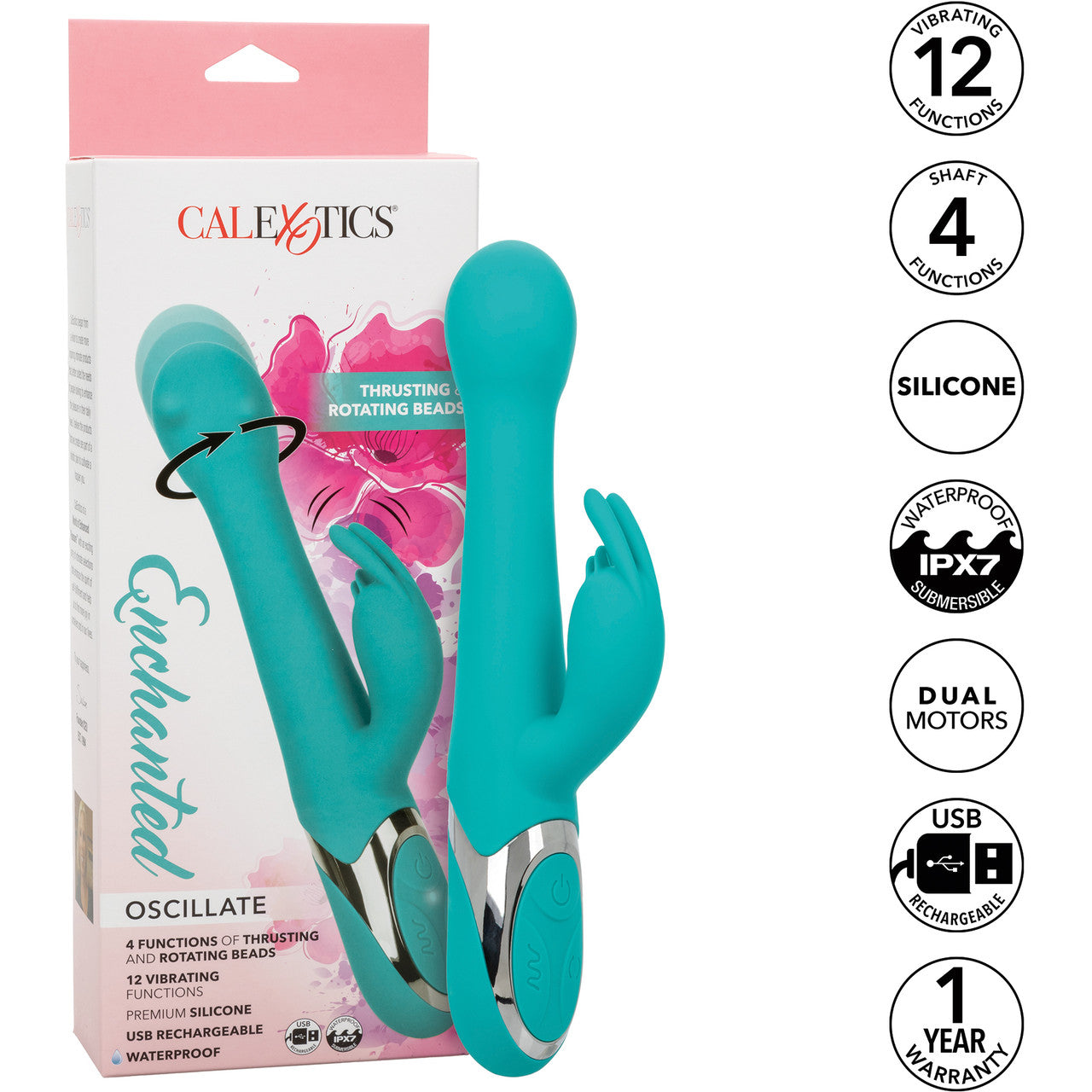 Enchanted Oscillate Rechargeable Thrusting & Rotating Beads Dual Stimulation Vibrator By CalExotics - Blue