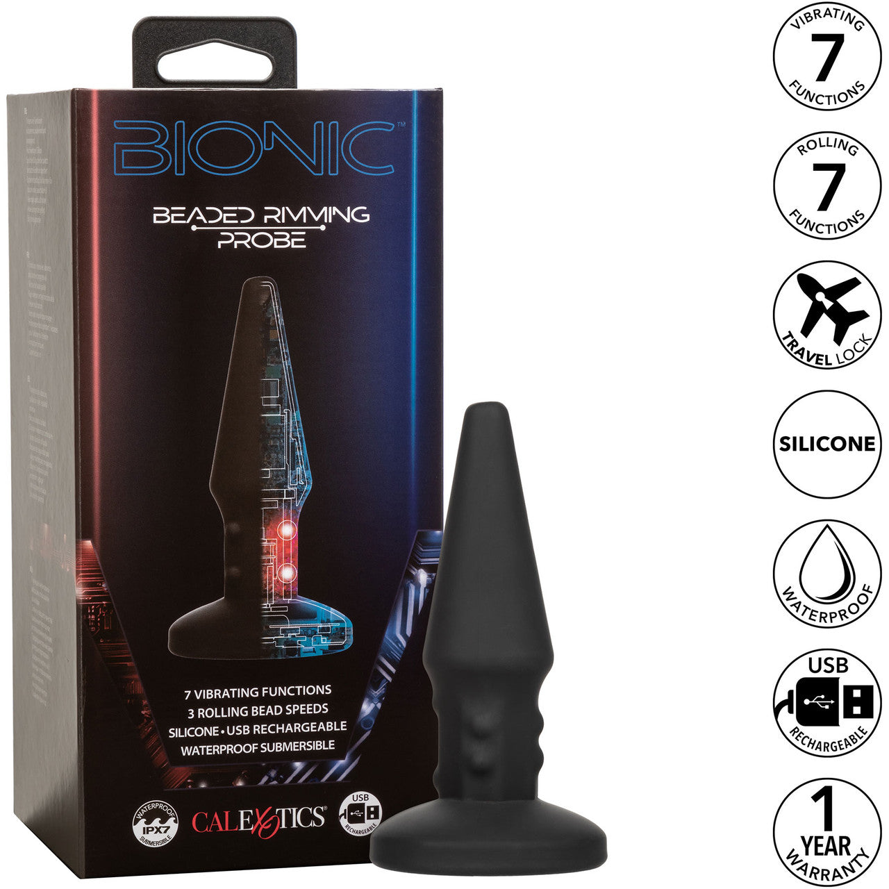 Bionic Beaded Rimming Probe Rechargeable Silicone Anal Stimulator By CalExotics - Black