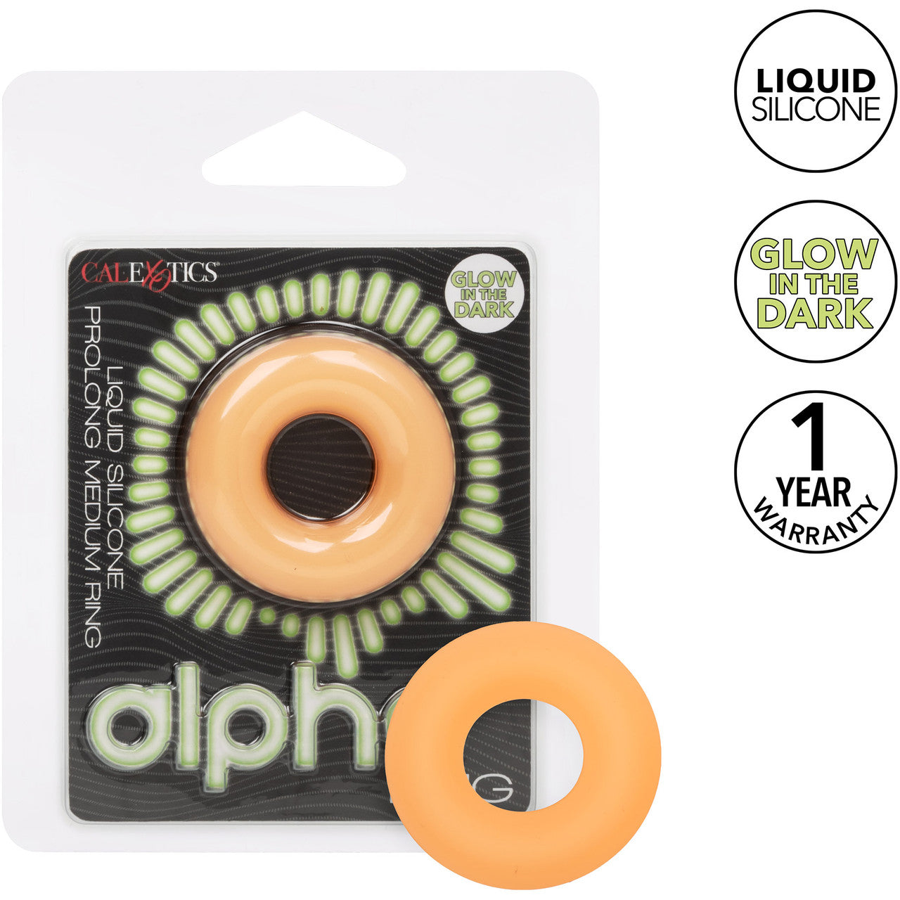 Alpha Glow In The Dark Liquid Silicone Prolong Medium Cock Ring By CalExotics - Orange