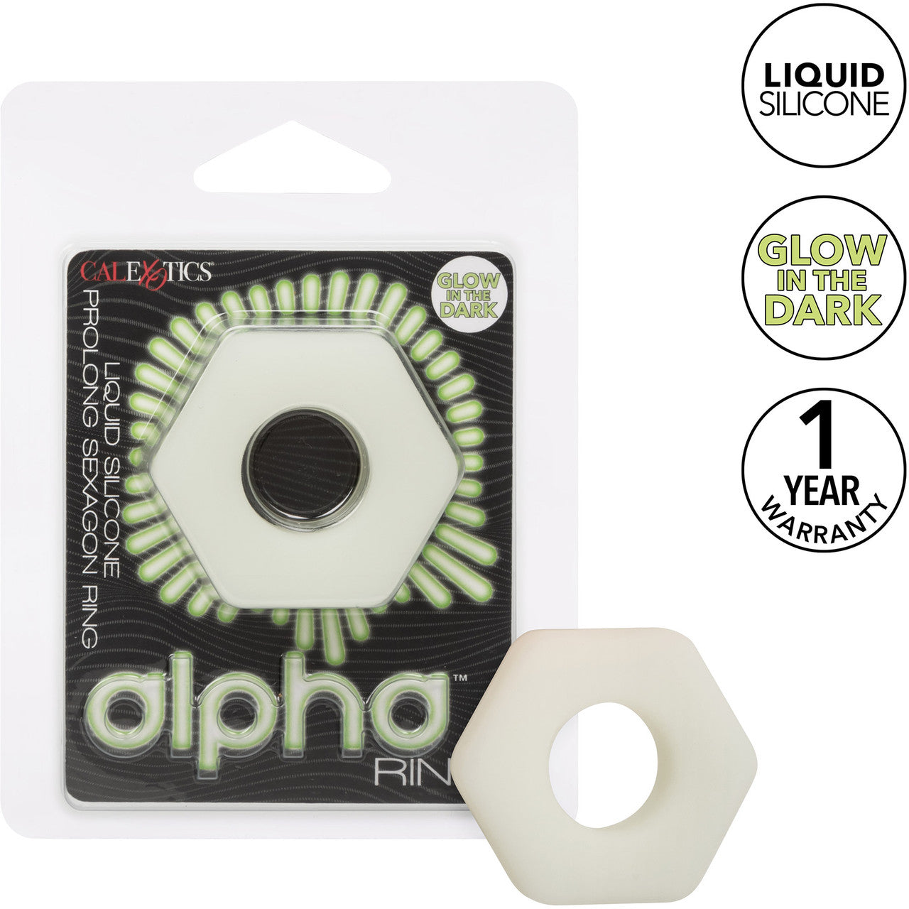 Alpha Glow In The Dark Liquid Silicone Prolong Medium Sexagon Cock Ring By CalExotics - White