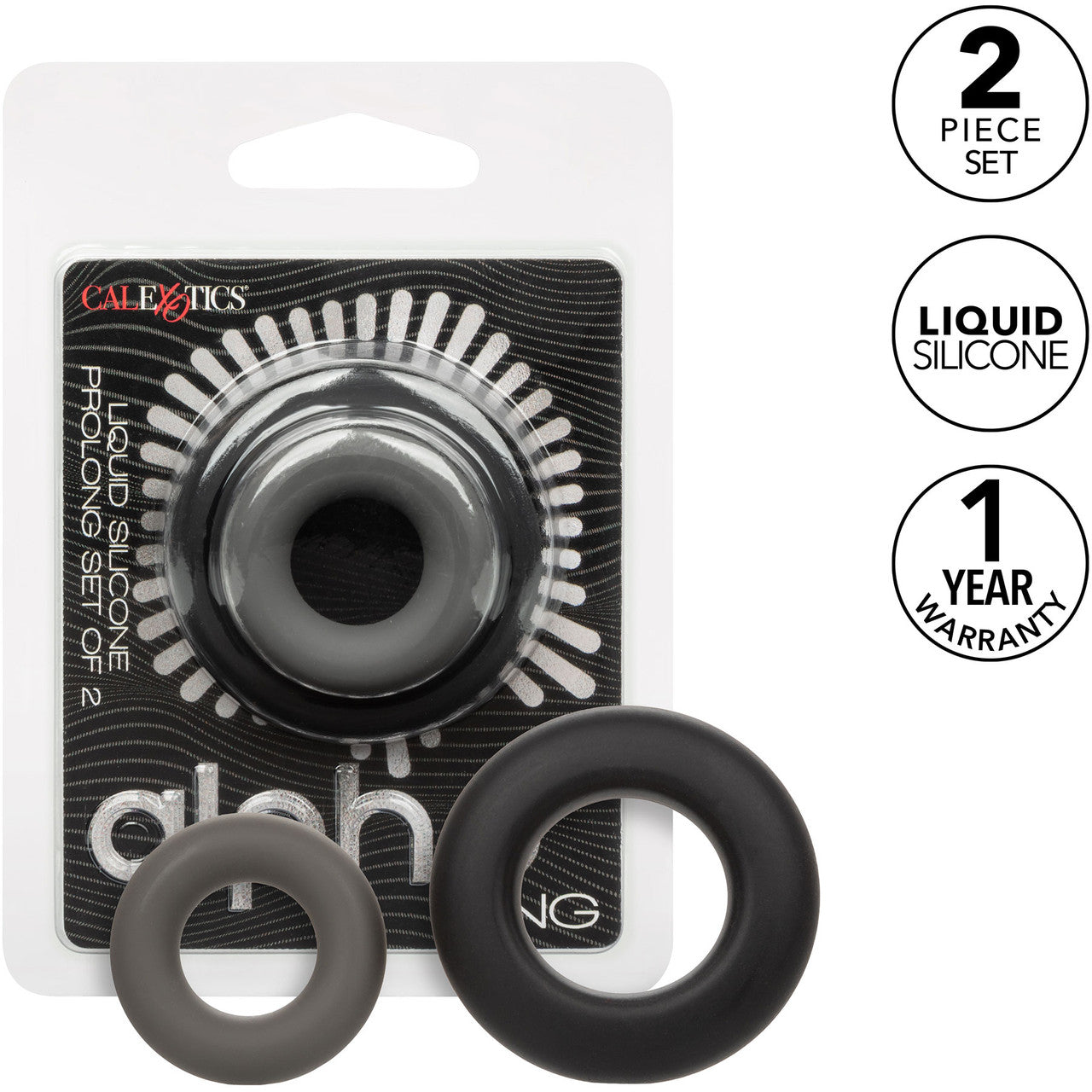 Alpha Liquid Silicone Prolong 2 Piece Cock Ring Set By CalExotics - Black & Gray