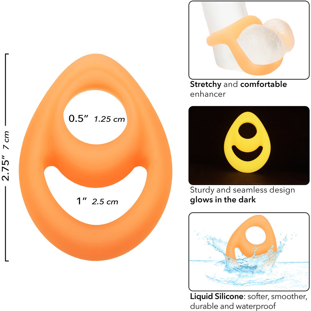 Alpha Glow In The Dark Liquid Silicone Teardrop Dual Cock Ring By CalExotics - Orange