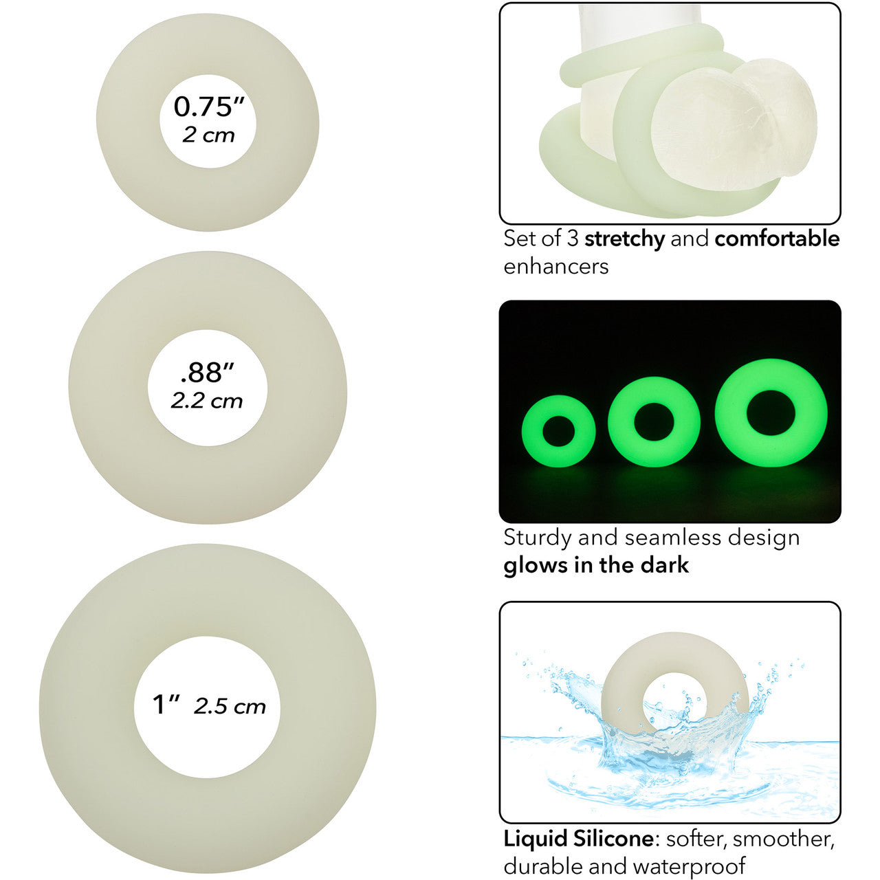 Alpha Glow In The Dark Liquid Silicone 3 Piece Cock Ring Set By CalExotics - White