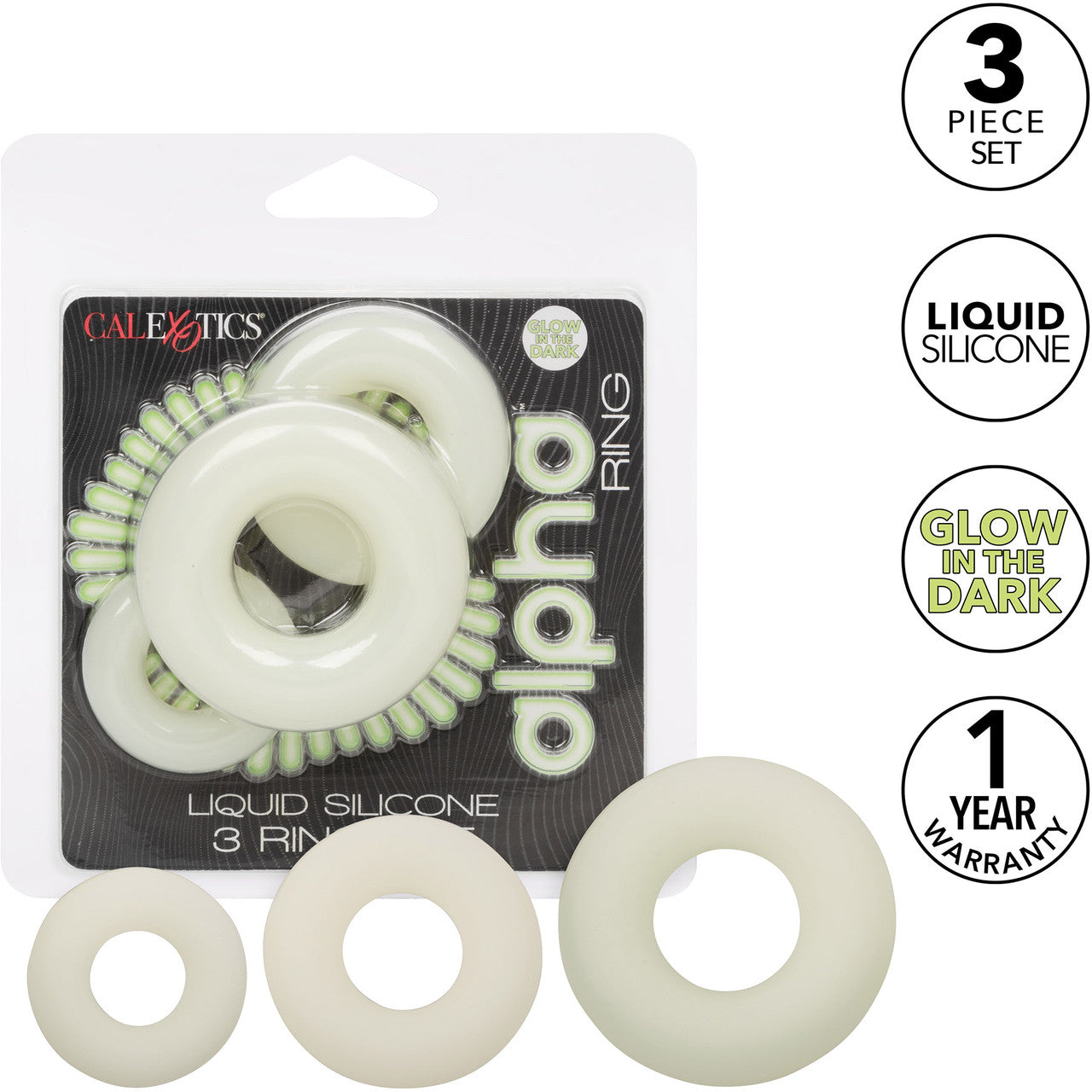 Alpha Glow In The Dark Liquid Silicone 3 Piece Cock Ring Set By CalExotics - White