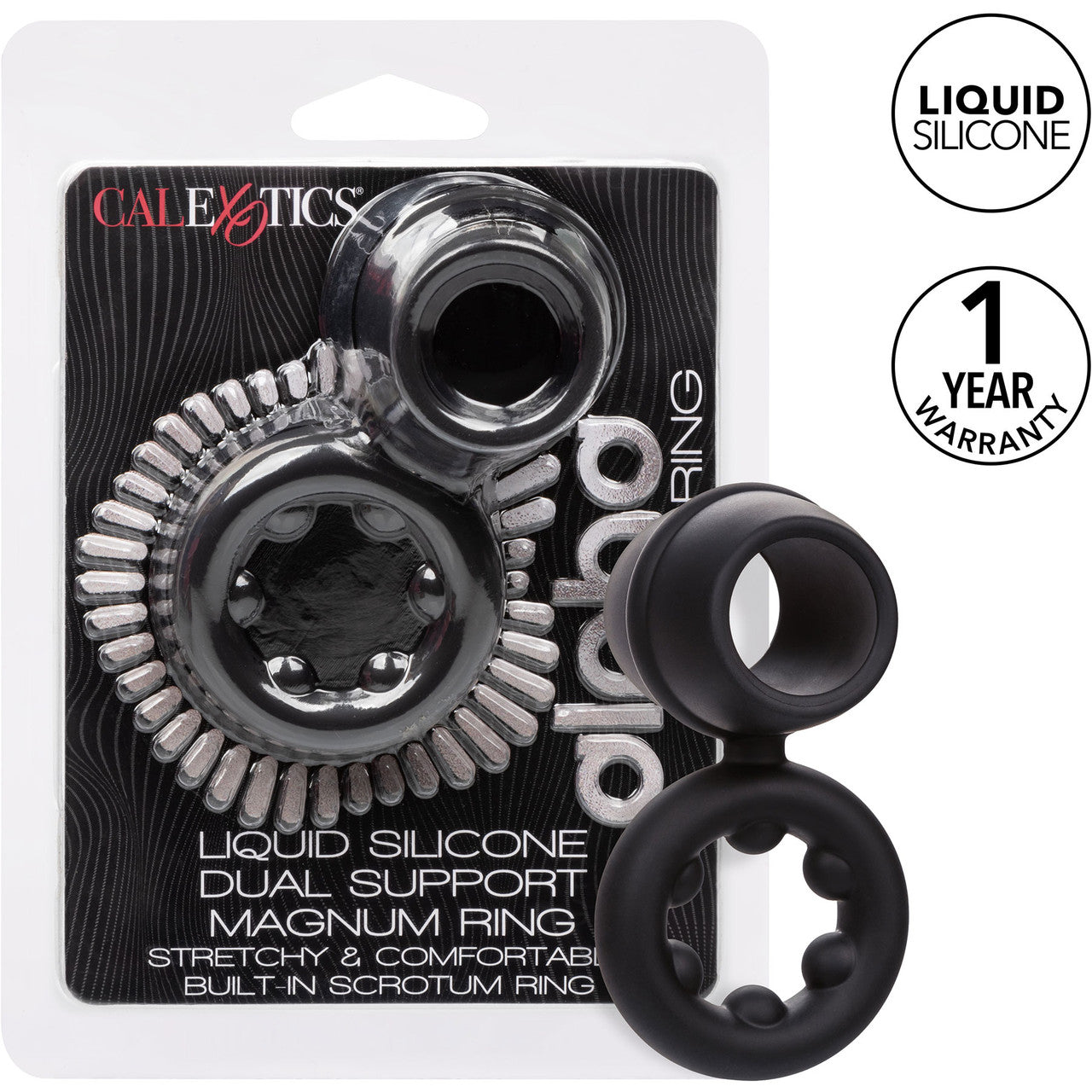 Alpha Liquid Silicone Dual Support Magnum Cock & Balls Ring By CalExotics - Black