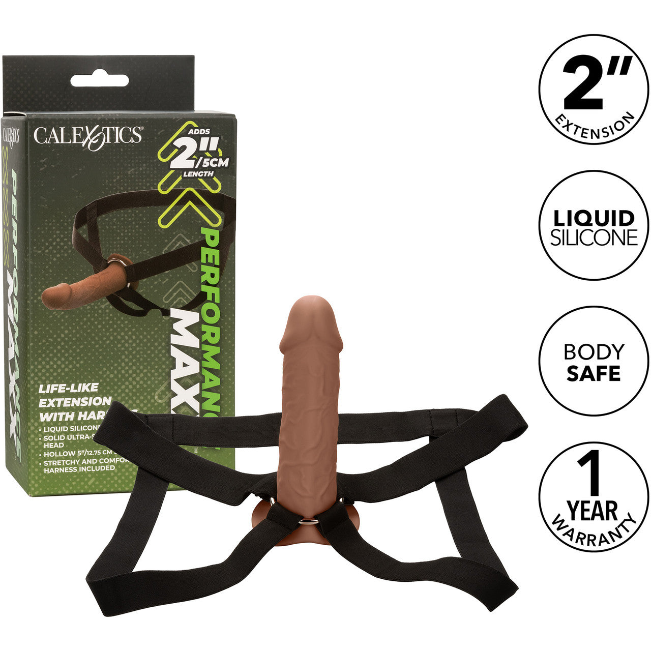 Performance Maxx Life-Like Silicone 7" Hollow Penis Extension With Harness By CalExotics - Chocolate