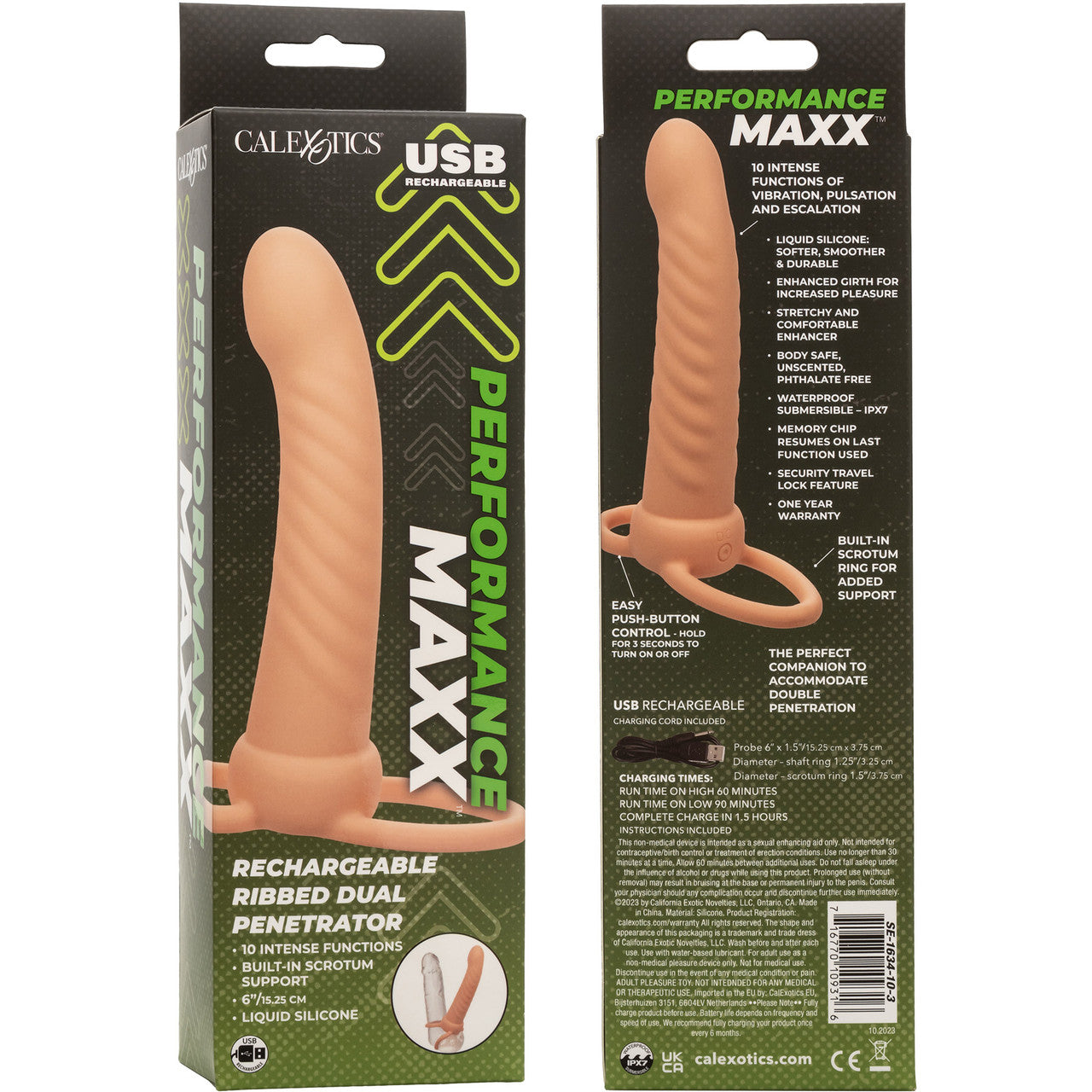 Performance Maxx Rechargeable Ribbed Waterproof Vibrating 6" Silicone Dual Penetrator By CalExotics - Vanilla