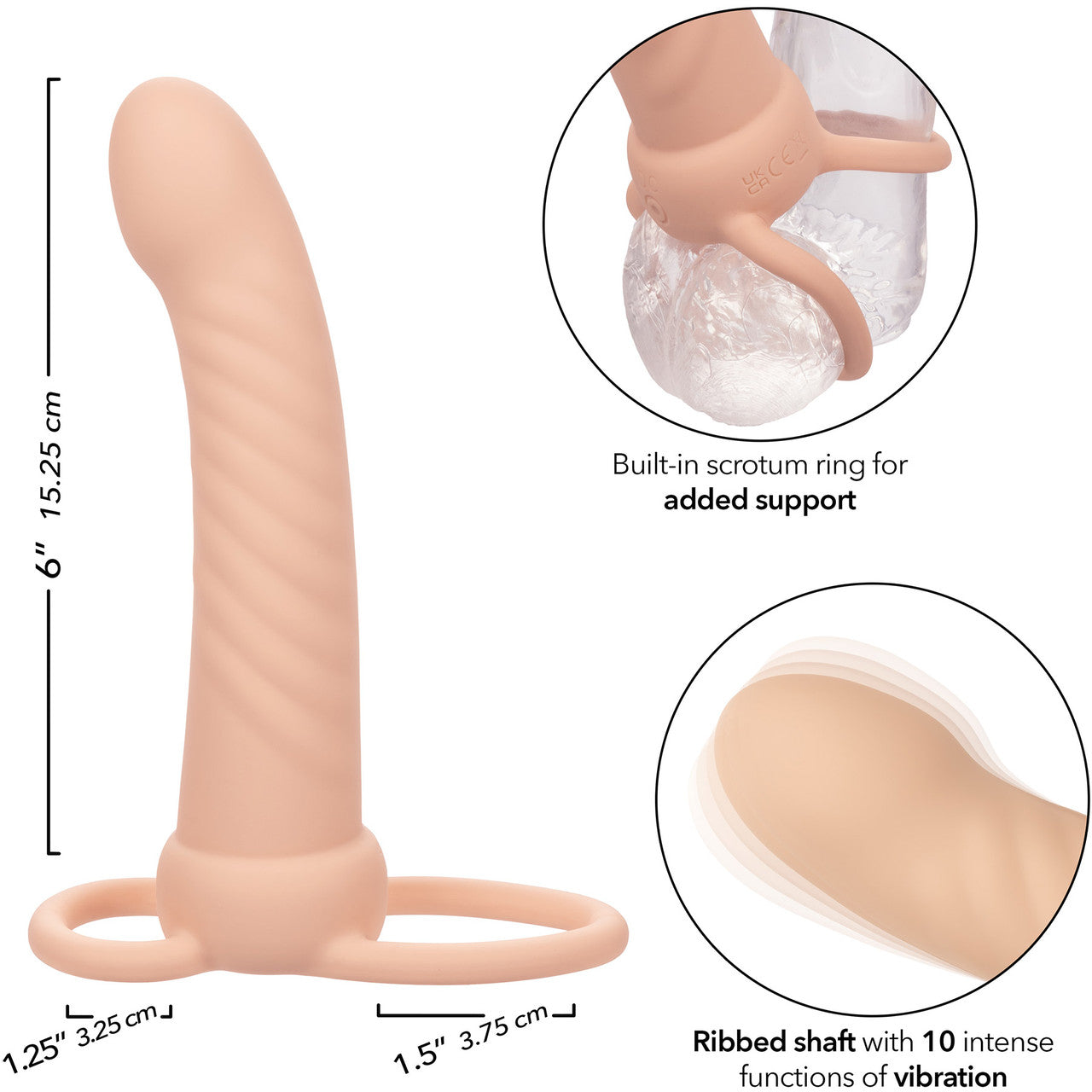 Performance Maxx Rechargeable Ribbed Waterproof Vibrating 6" Silicone Dual Penetrator By CalExotics - Vanilla