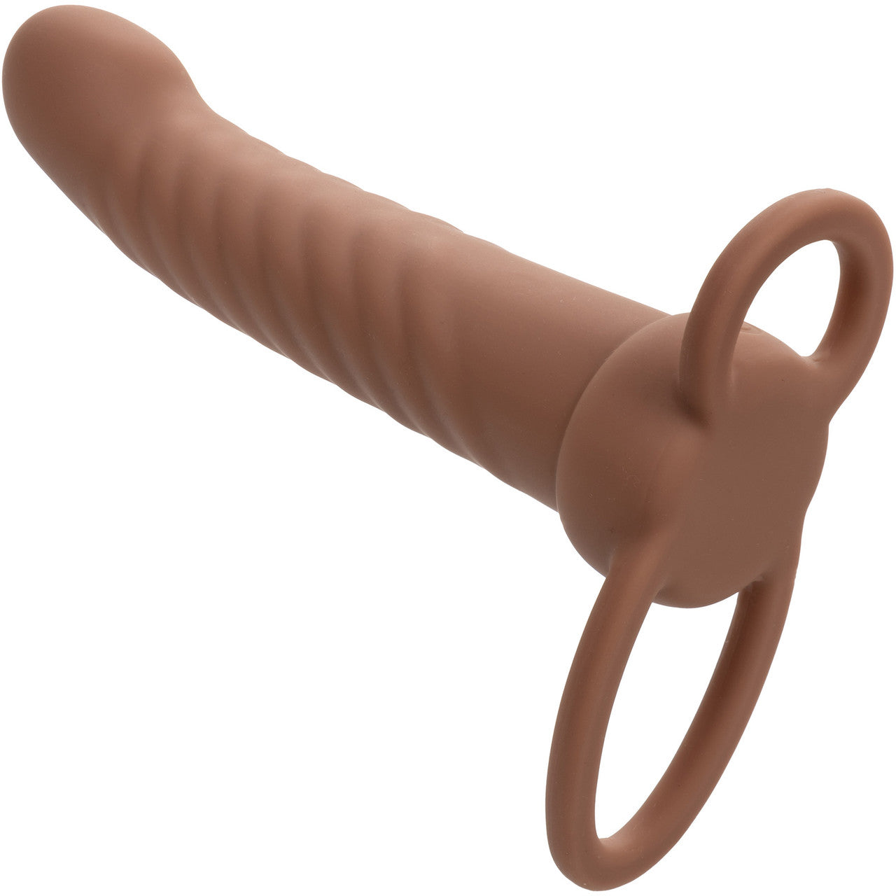 Performance Maxx Rechargeable Ribbed Waterproof Vibrating 6" Silicone Dual Penetrator By CalExotics - Chocolate