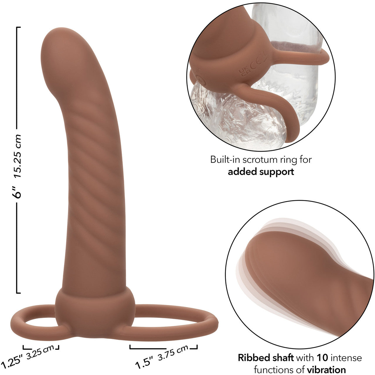 Performance Maxx Rechargeable Ribbed Waterproof Vibrating 6" Silicone Dual Penetrator By CalExotics - Chocolate