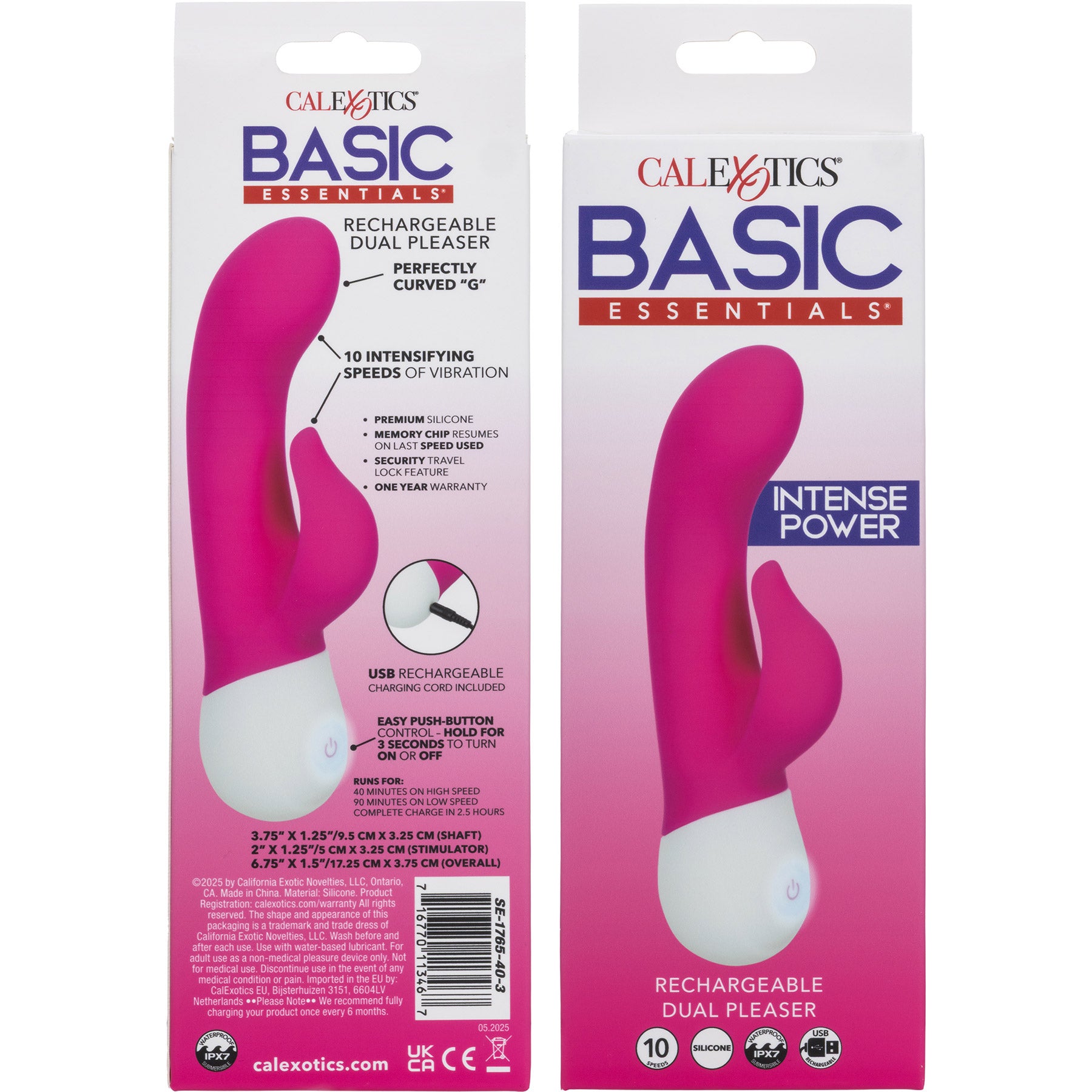 Basic Essentials® Rechargeable Dual Pleaser Silicone Rabbit Vibrator By CalExotics