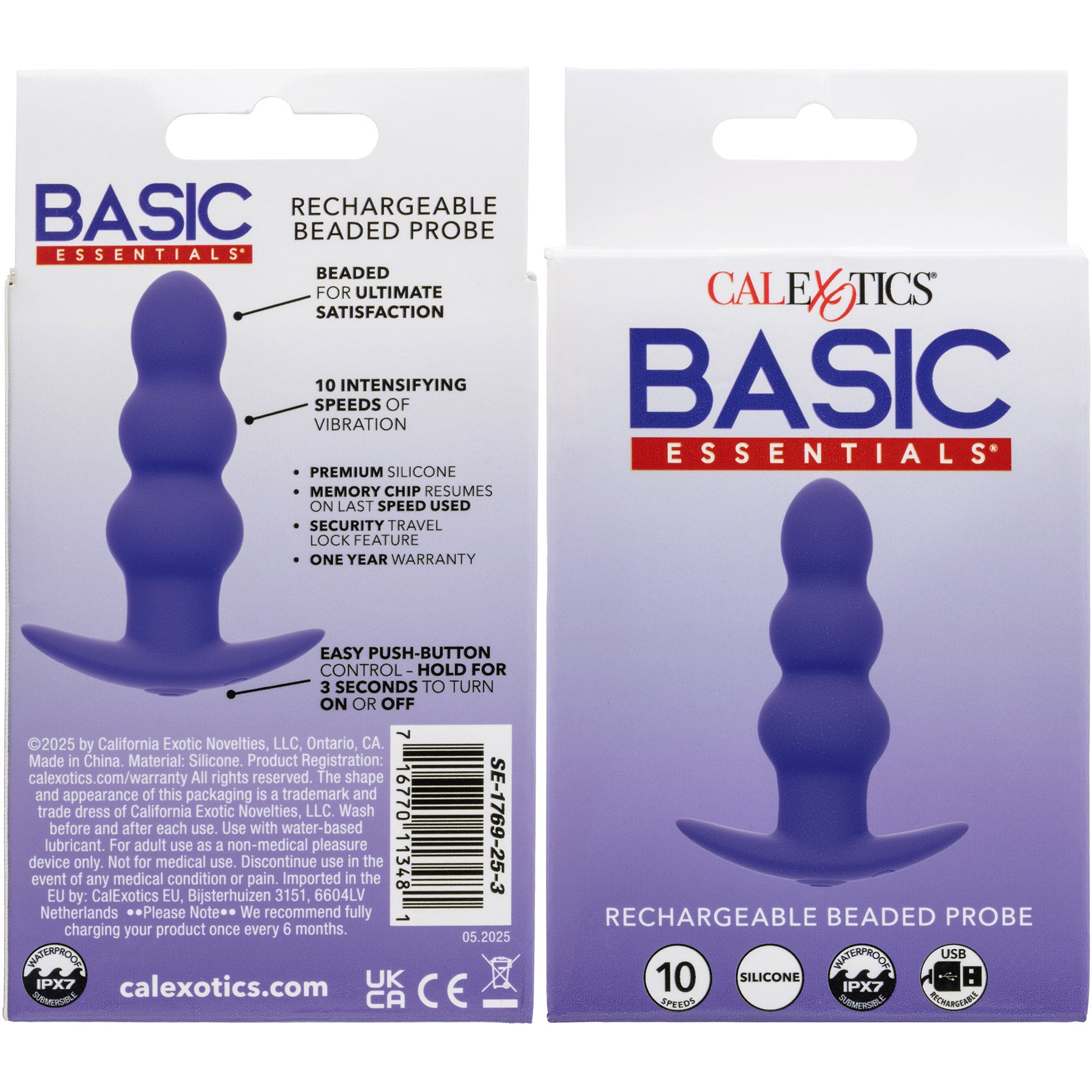 Basic Essentials® Rechargeable Beaded Probe Silicone Vibrating Butt Plug By CalExotics