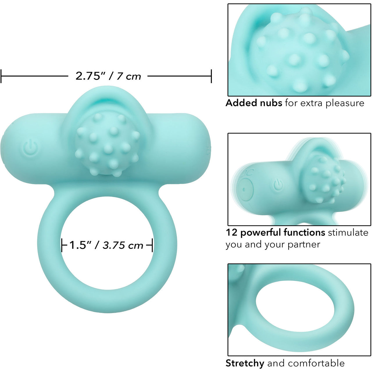 Silicone Rechargeable Nubby Lover's Delight Vibrating Cock Ring By CalExotics - Teal