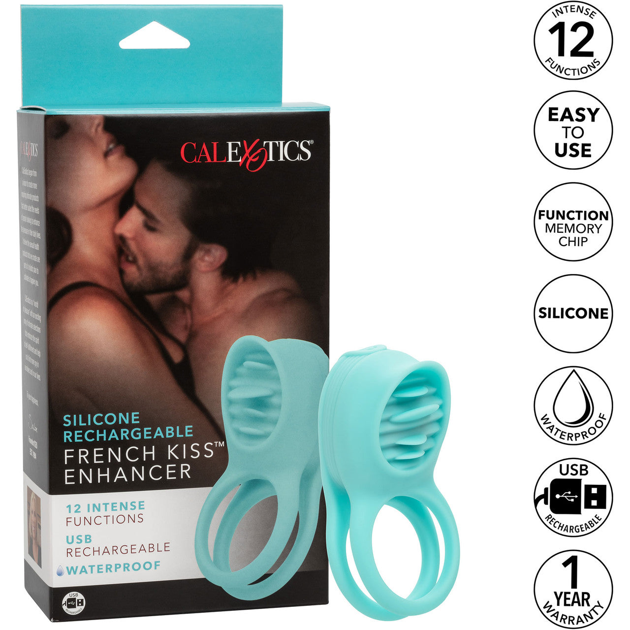 French Kiss Enhancer Silicone Rechargeable Waterproof Cock Ring By CalExotics - Blue