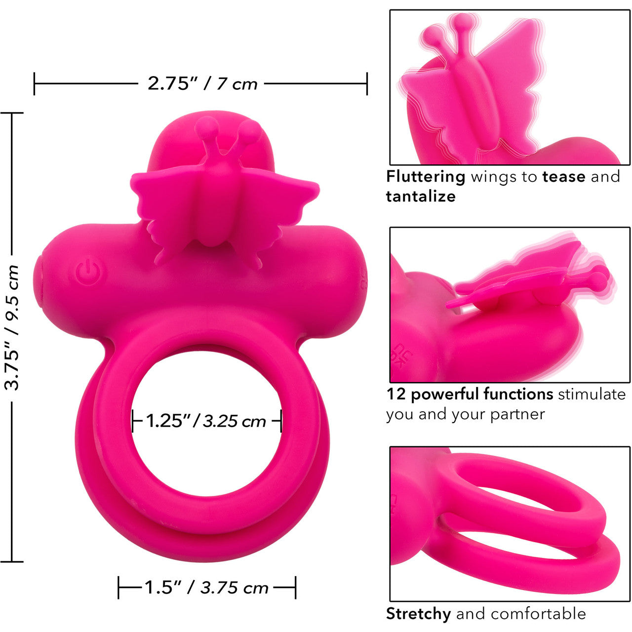 Silicone Rechargeable Dual Butterfly Couples Vibrating Cock Ring By CalExotics - Pink