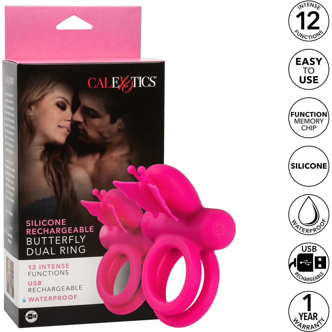 Silicone Rechargeable Dual Butterfly Couples Vibrating Cock Ring By CalExotics - Pink