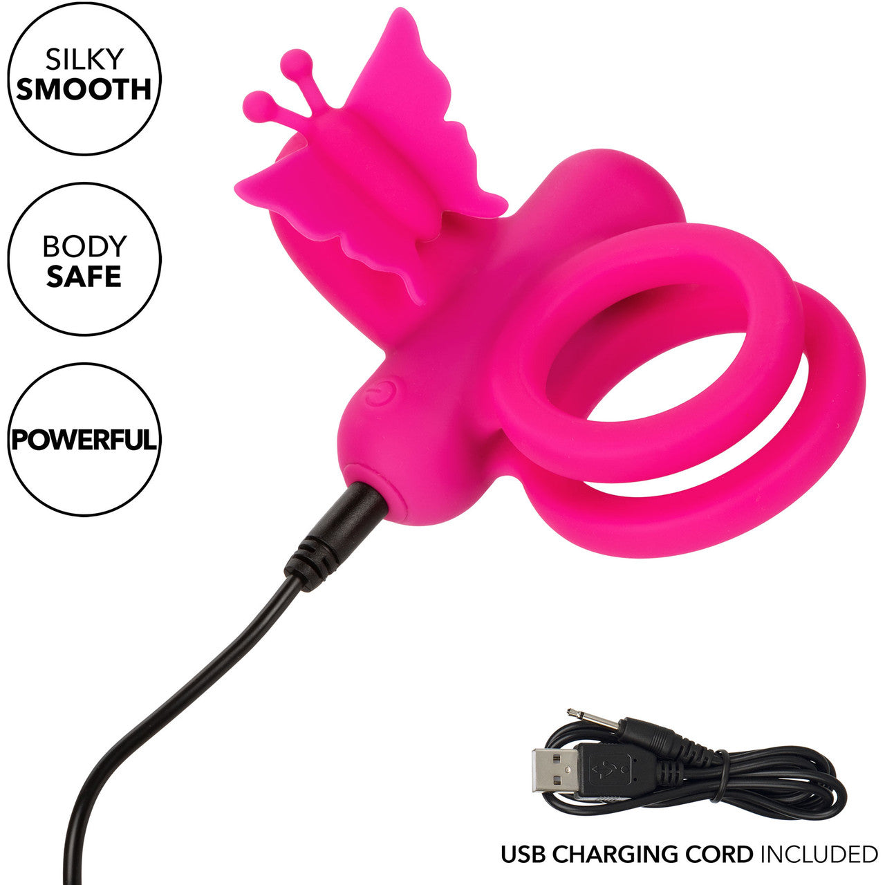 Silicone Rechargeable Dual Butterfly Couples Vibrating Cock Ring By CalExotics - Pink