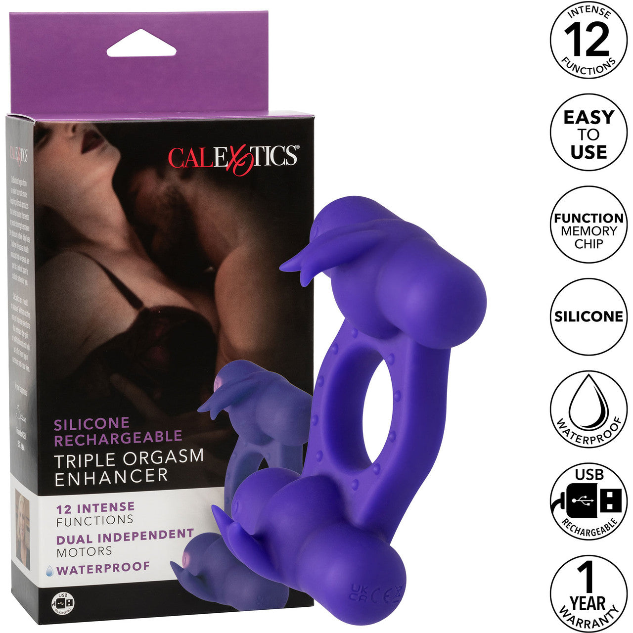 Silicone Rechargeable Triple Orgasm Enhancer Vibrating Cock Ring By CalExotics - Purple