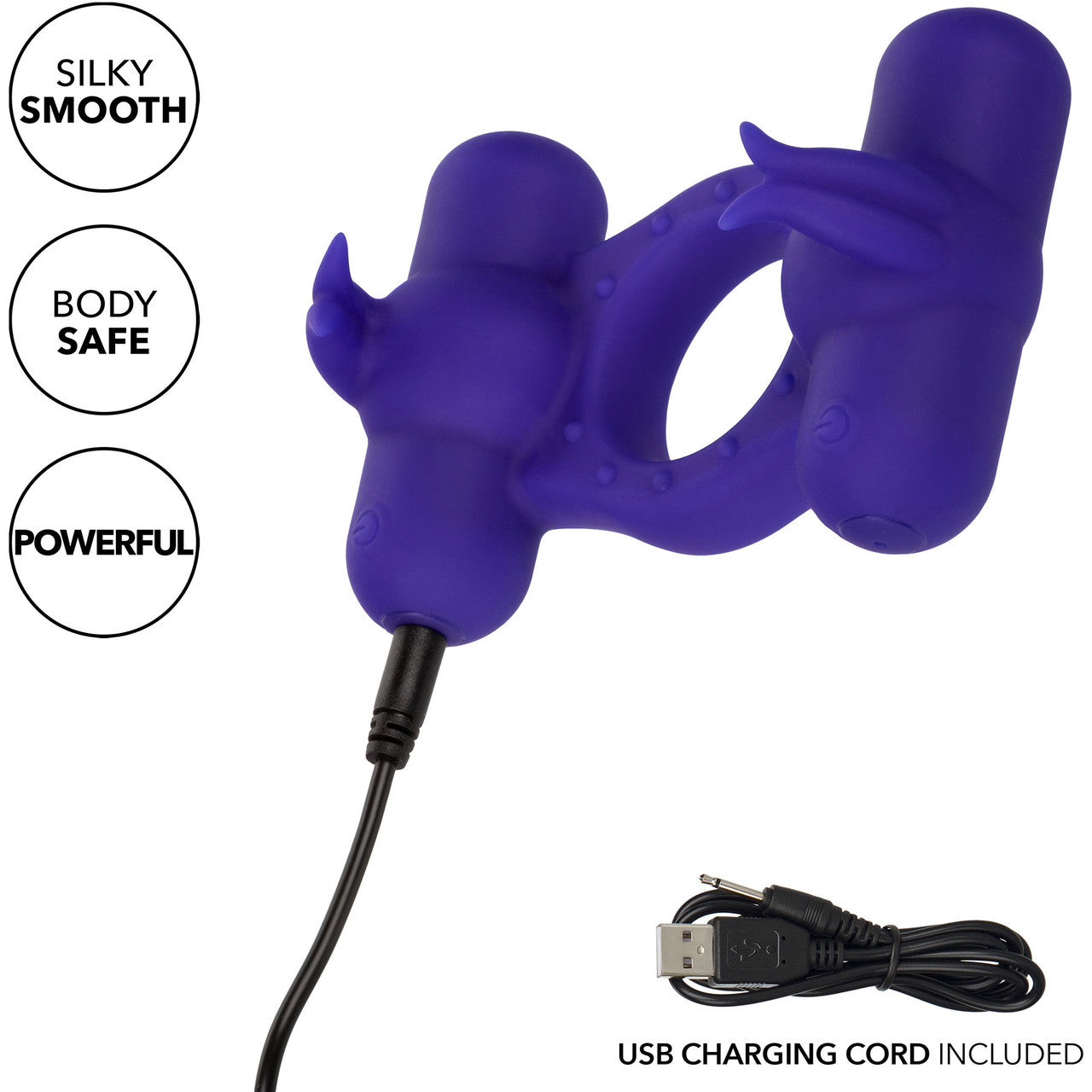 Silicone Rechargeable Triple Orgasm Enhancer Vibrating Cock Ring By CalExotics - Purple