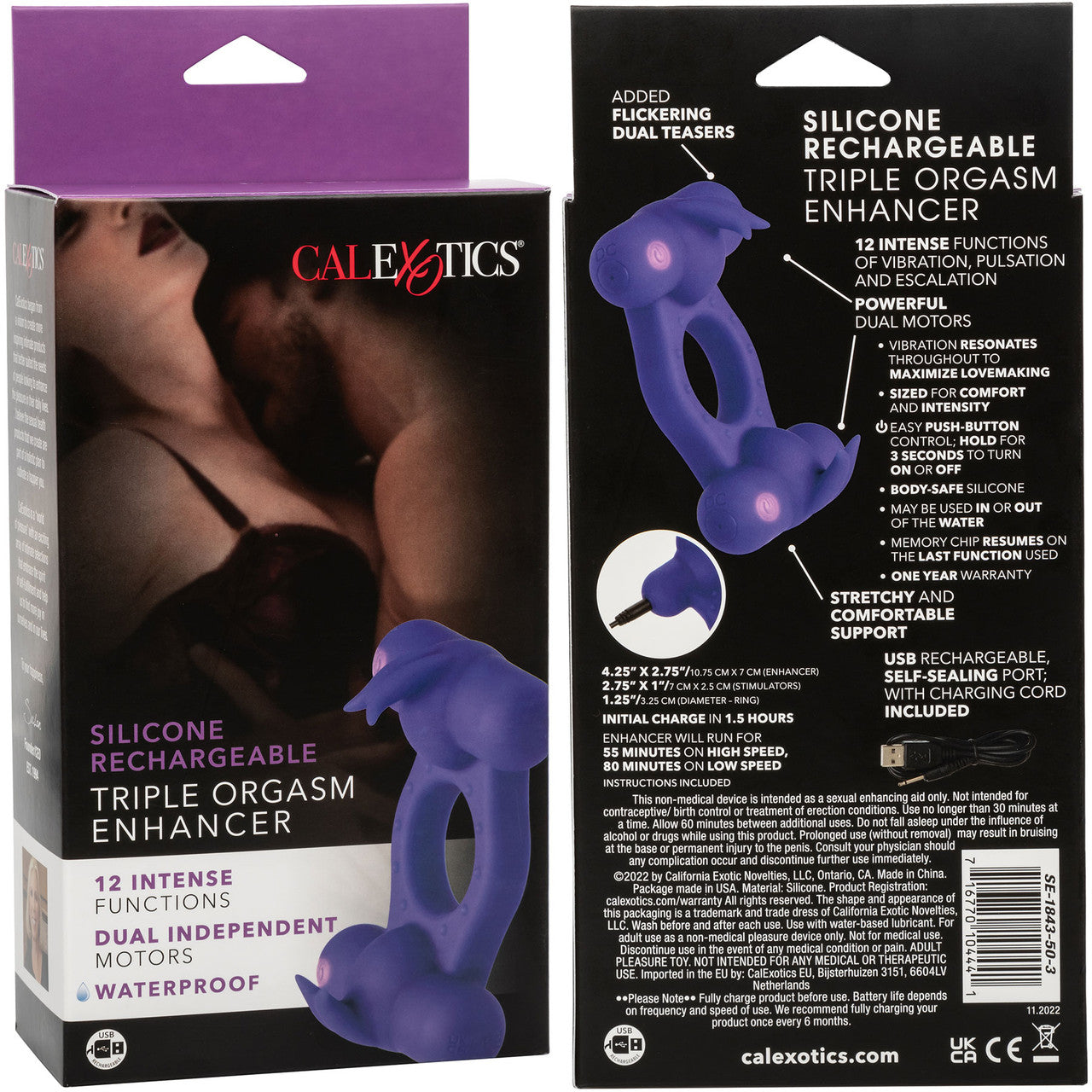 Silicone Rechargeable Triple Orgasm Enhancer Vibrating Cock Ring By CalExotics - Purple