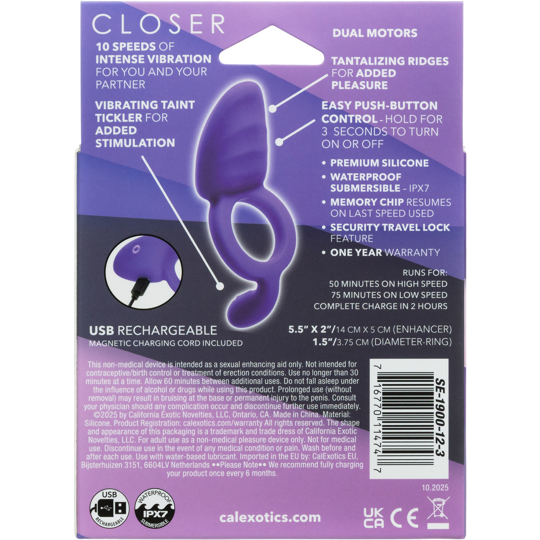 Closer™ Passion Intimate Rechargeable Waterproof Vibrating Silicone Cock Ring