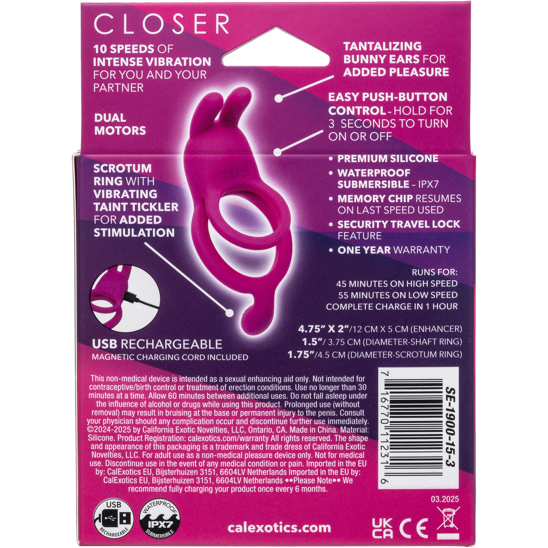 Closer™ Touch Intimate Rechargeable Vibrating Silicone Cock Ring With Ball Strap