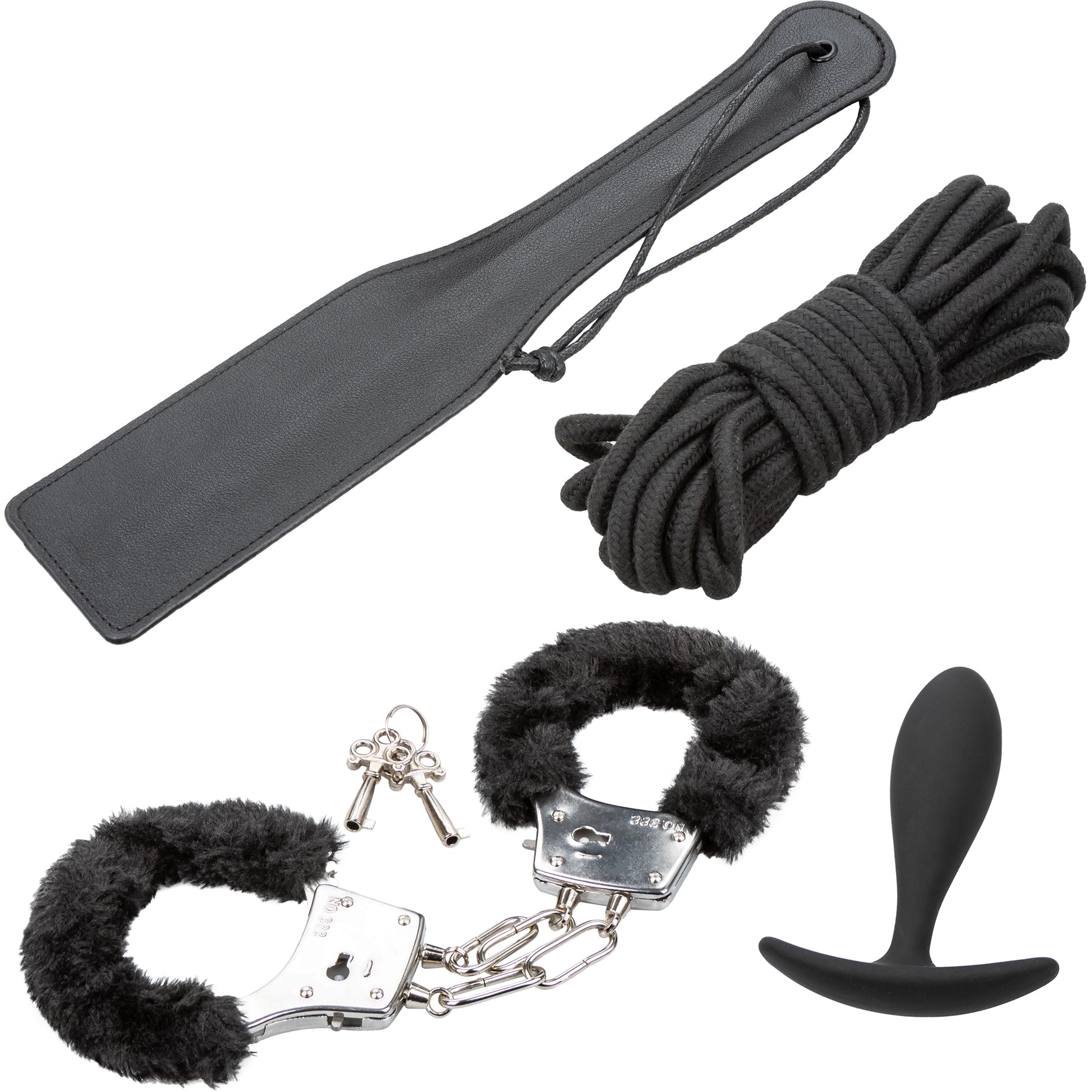 Pleasure Kits Bondage Collection With Paddle, Butt Plug, Cuffs & Rope Pleasure Kits Bondage Collection With Paddle, Butt Plug, Cuffs & Rope