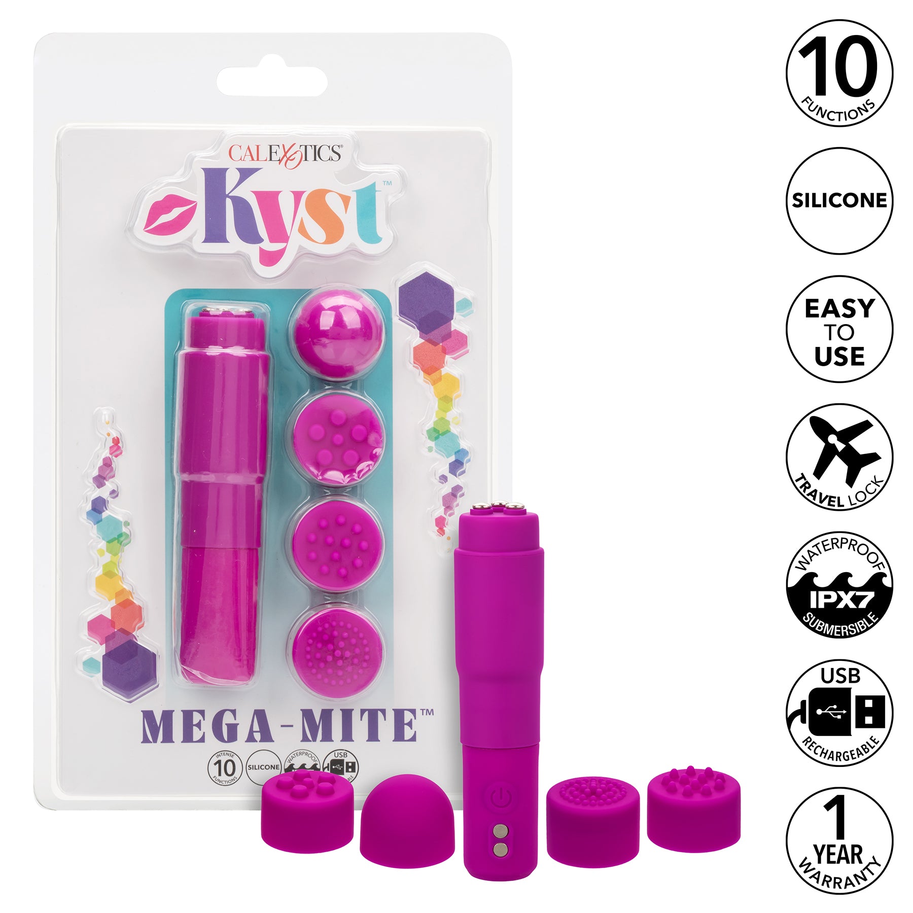 Kyst™ Mega-Mite™ Rechargeable Silicone Bullet With 4 Pleasure Tips - Pink