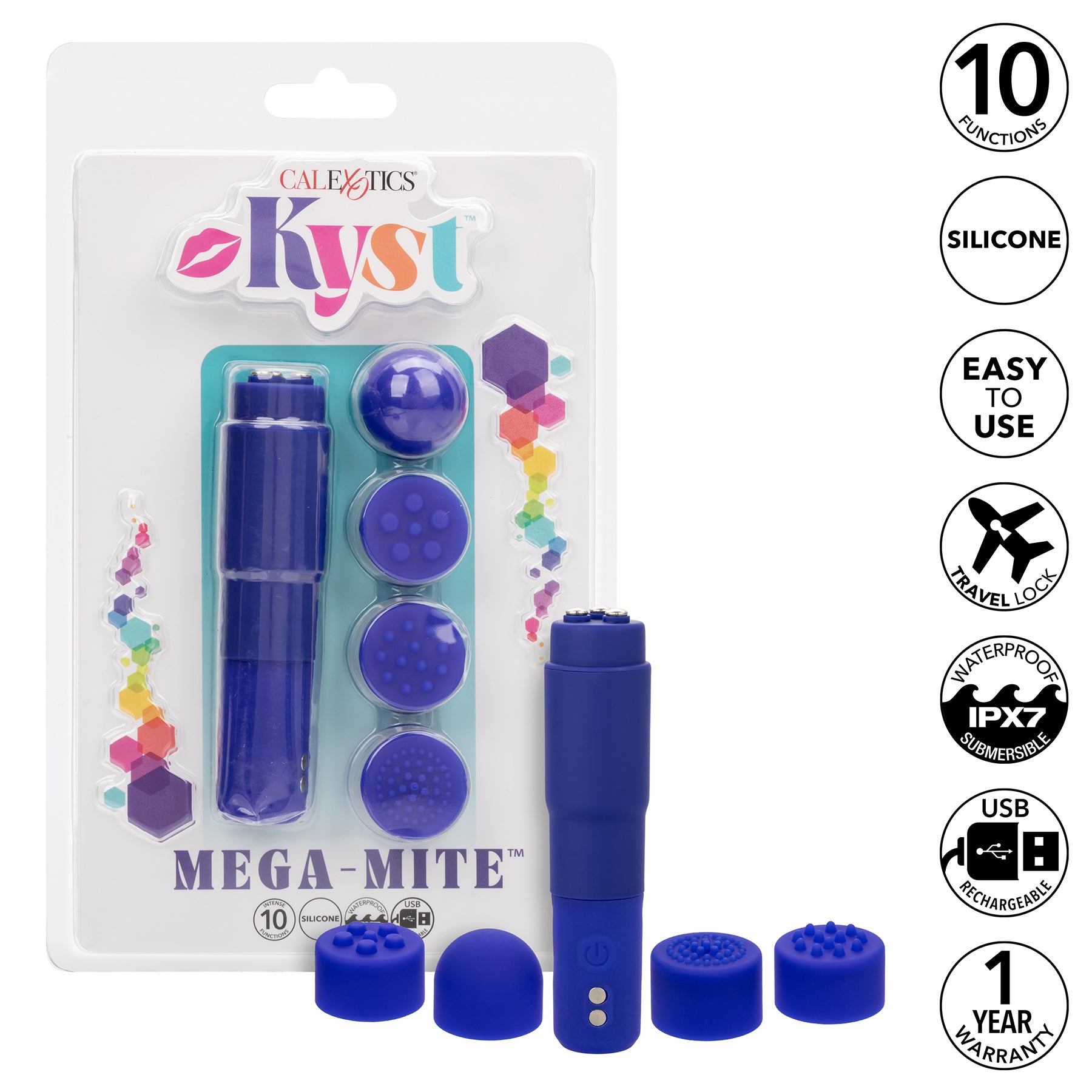 Kyst™ Mega-Mite™ Rechargeable Silicone Bullet With 4 Pleasure Tips - Blue