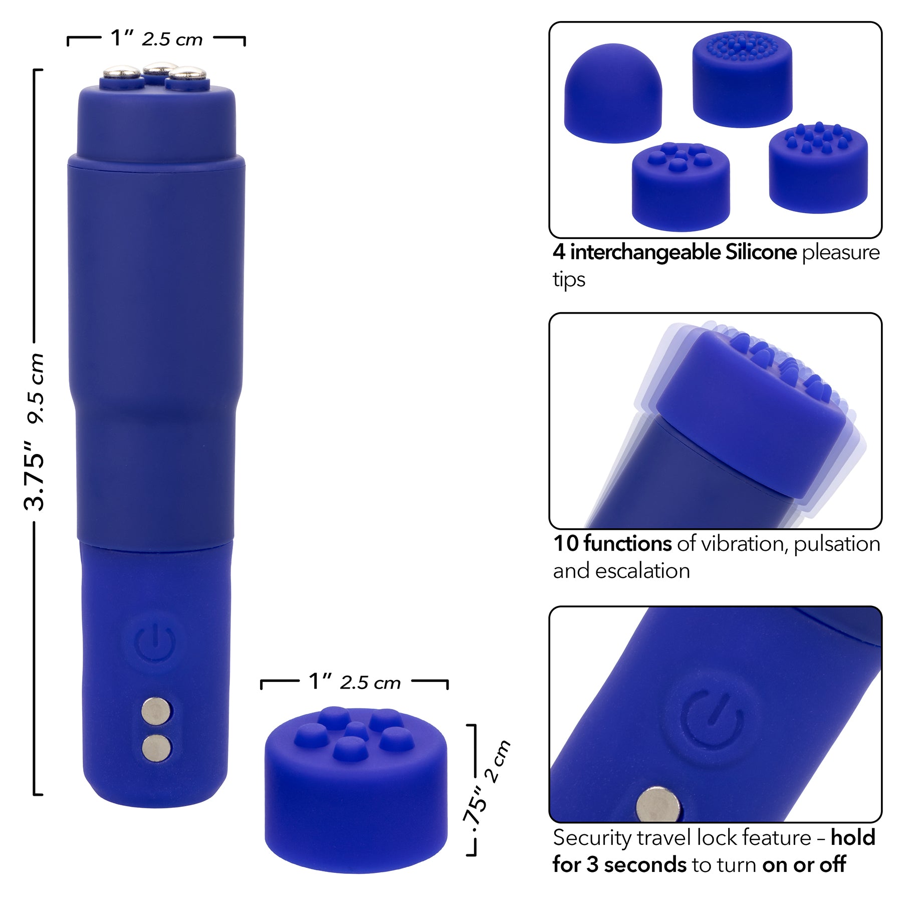 Kyst™ Mega-Mite™ Rechargeable Silicone Bullet With 4 Pleasure Tips - Blue