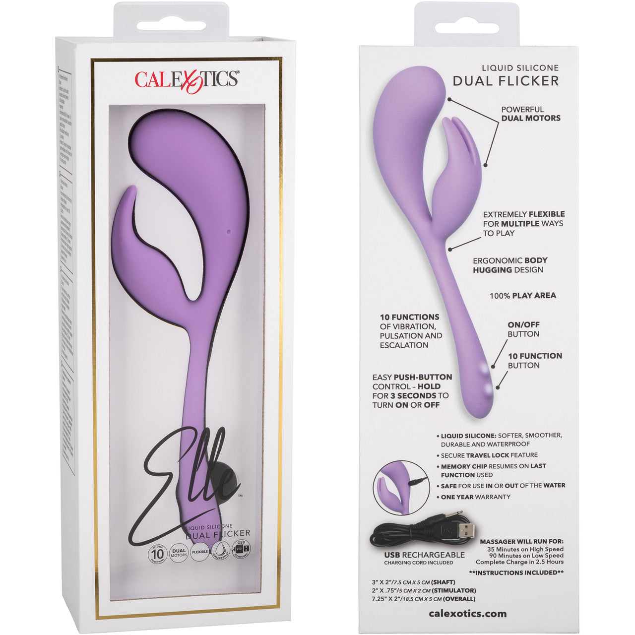 Elle Liquid Silicone Dual Flicker Rechargeable Waterproof Dual Stimulation Vibrator By CalExotics - Purple