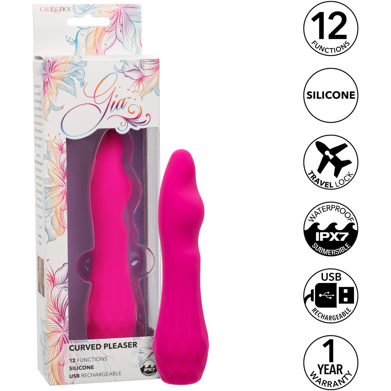 Gia Curved Pleaser Rechargeable Waterproof Silicone G-Spot Vibrator By CalExotics - Pink